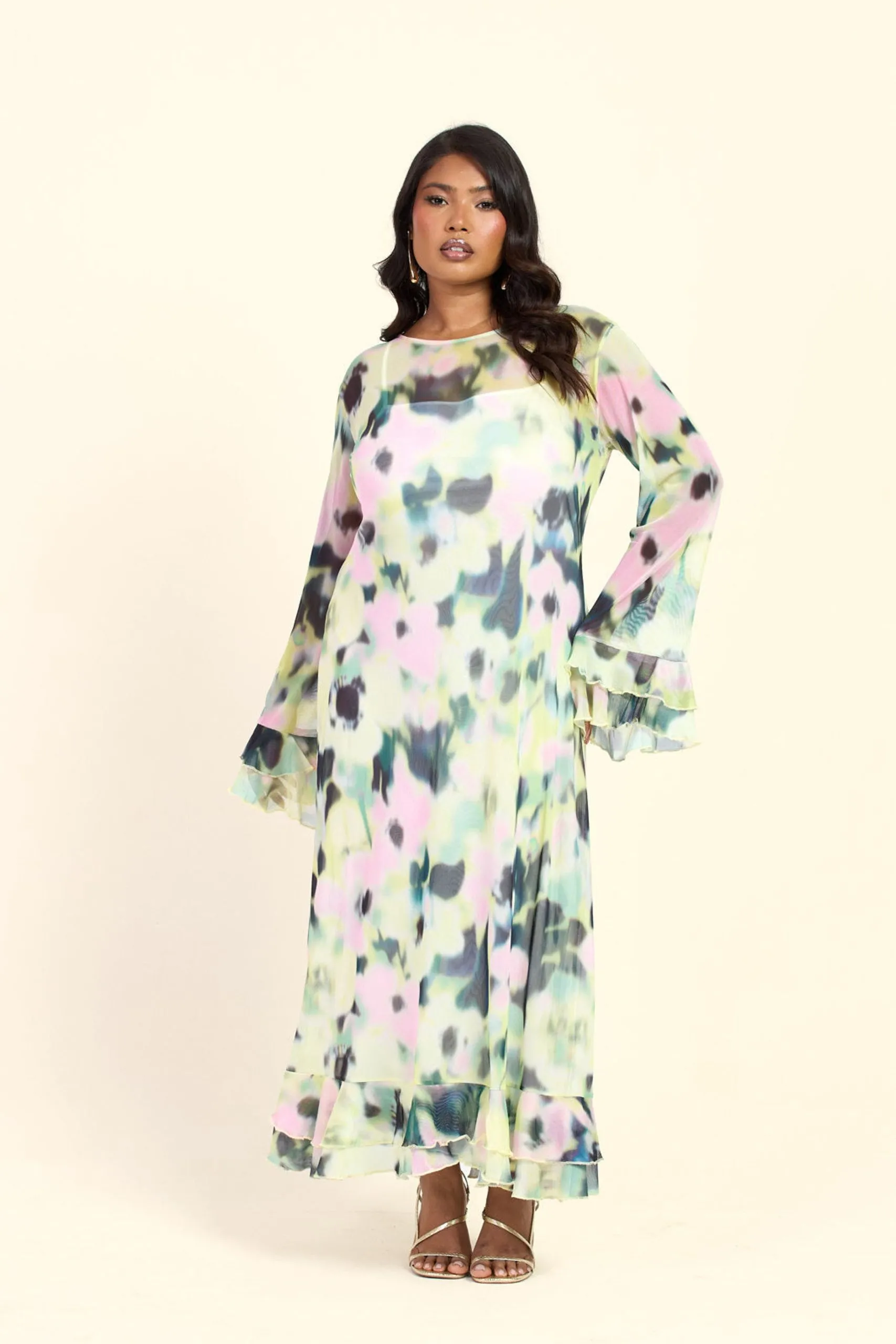 Curve Blurred Floral Round Neck Long Sleeve Ruffle Swing Midaxi Dress