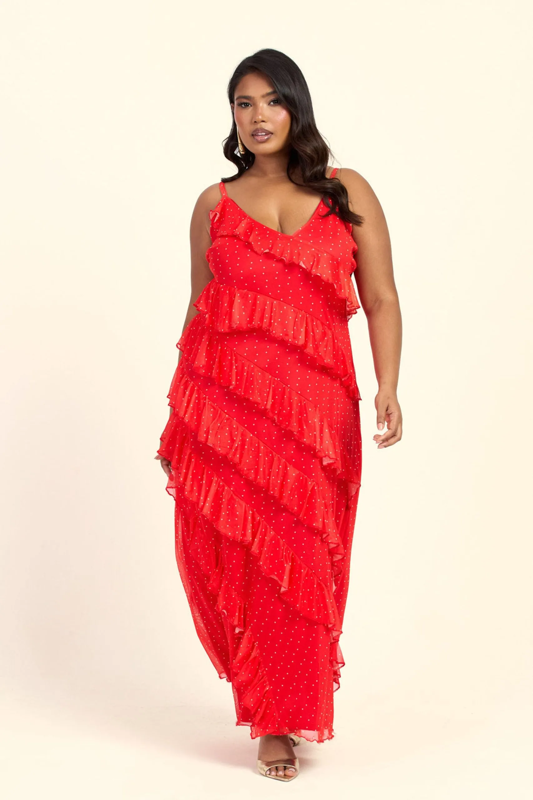 Curve Red Polka Dot Ruffle Strappy Maxi Dress