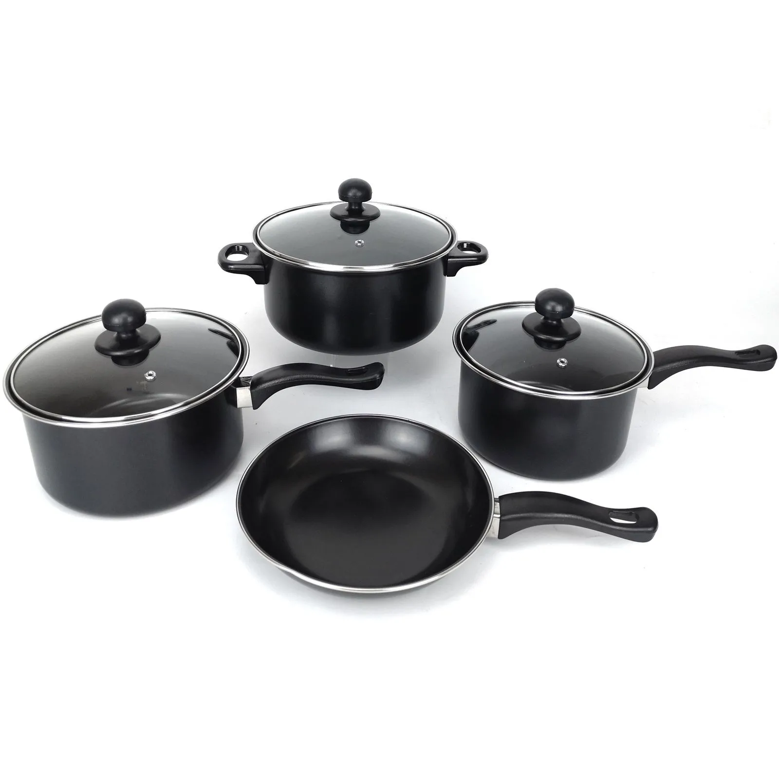 Black 7 Piece Non Stick Frying Pan Saucepan Cookware Set With Lids