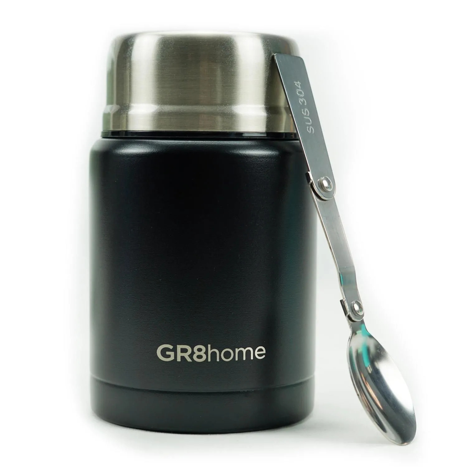 Stainless Steel Insulated Vacuum Food Flask With Spoon Black