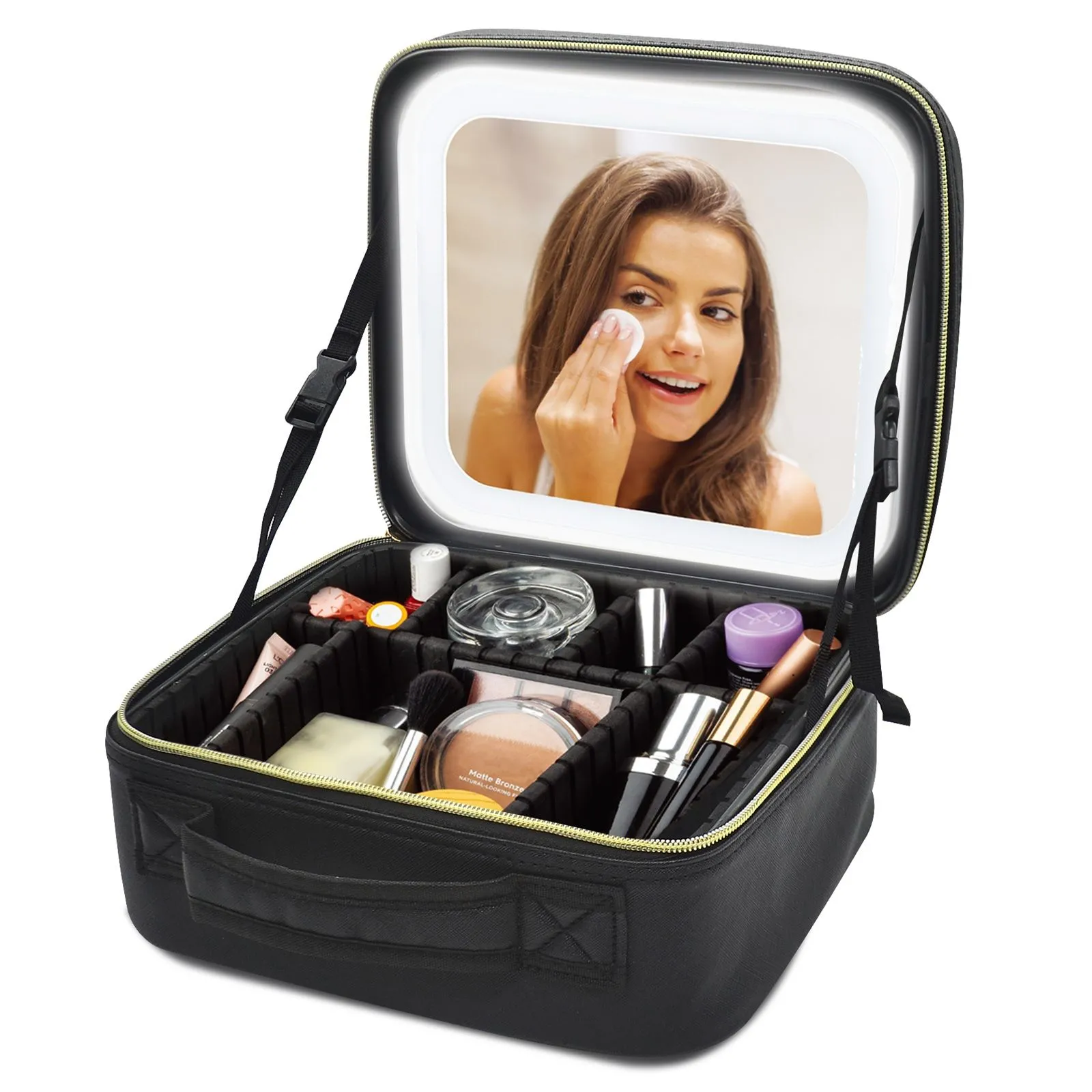 Black Cosmetic Makeup Vanity Travel Case Make Up Storage Box Bag With LED Mirror