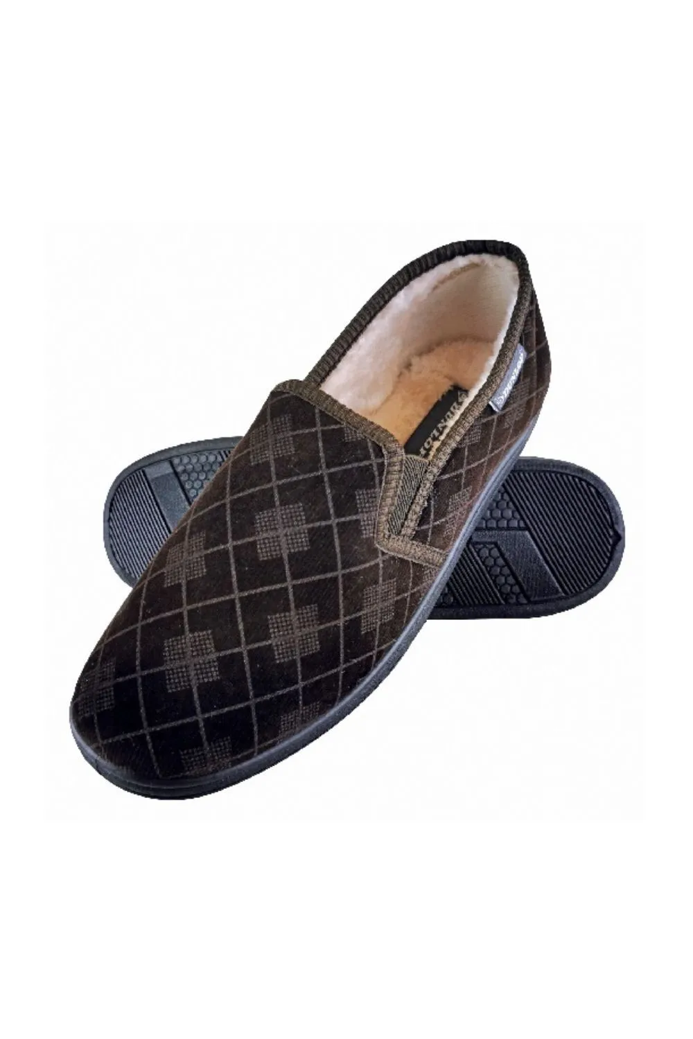 Plush Fur Lined Memory Foam Checked Moccasin Slippers with Hard Sole
