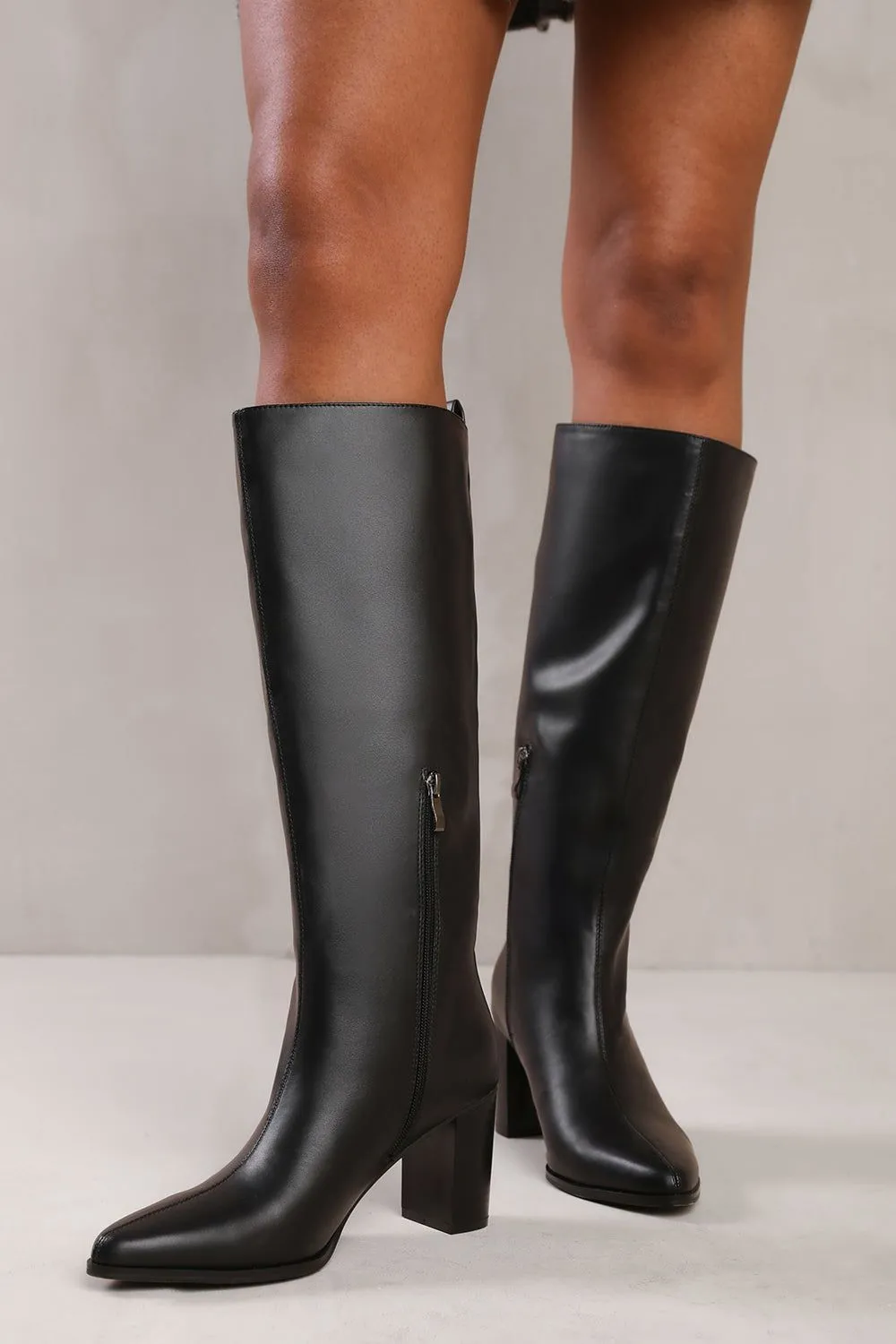 'Delta' Block Heel Knee High Boots With Side Zip