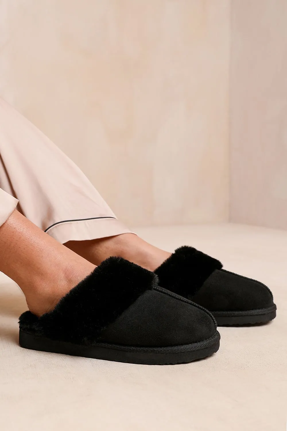 'Comfort' Slip On Slippers With Fur Trim