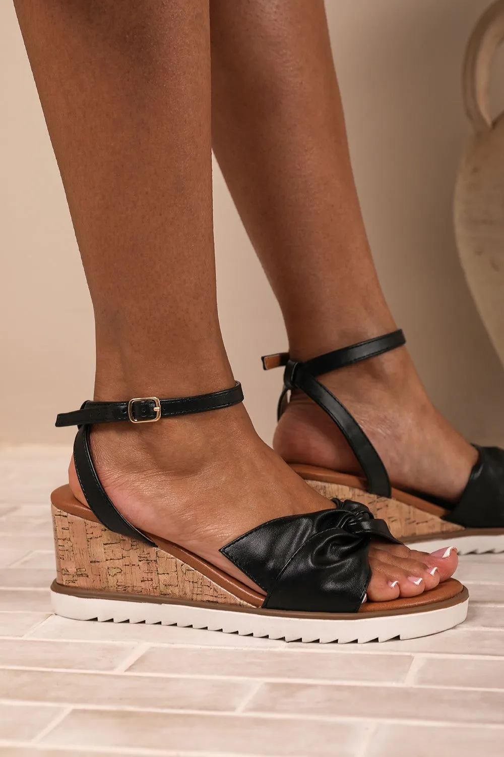'Qween' Wide Fit Knot Detail Wedge Shoes With Buckle Ankle Strap