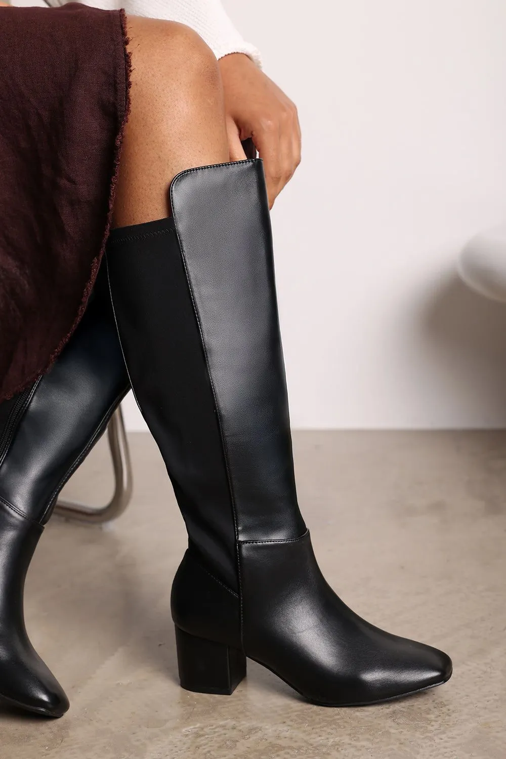 'Yvonne' Faux Leather Knee High Boots with Mid Block Heel