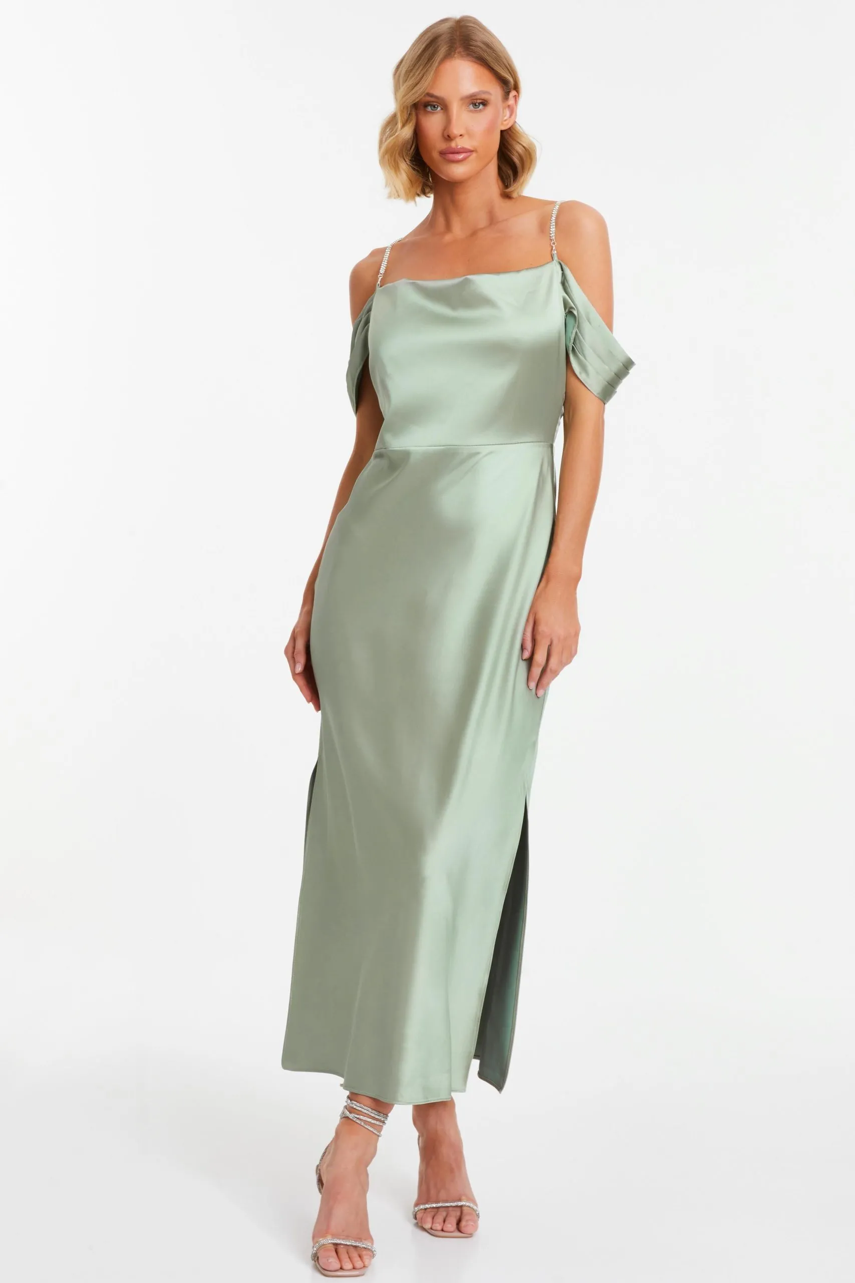 Green Satin Drop Shoulder Midaxi Dress
