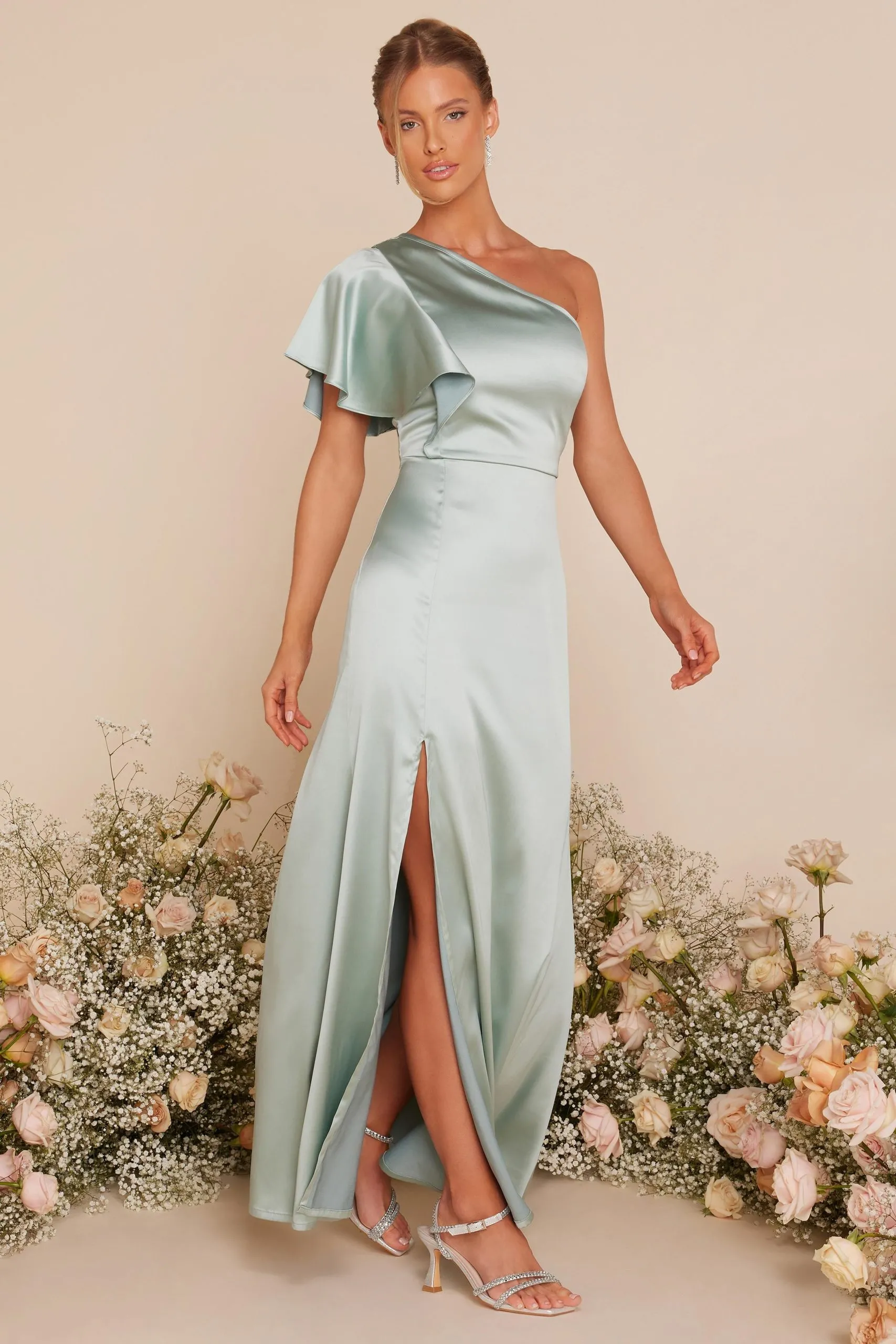 Green Satin One Shoulder Maxi Dress