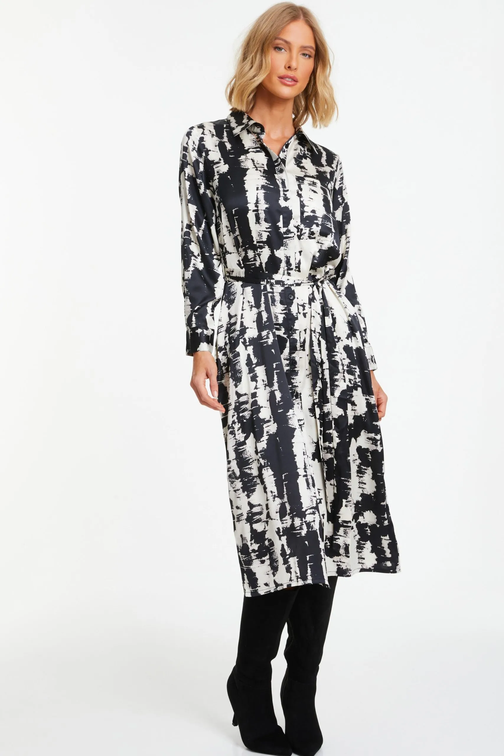 Multi Satin Marble Print Shirt Dress