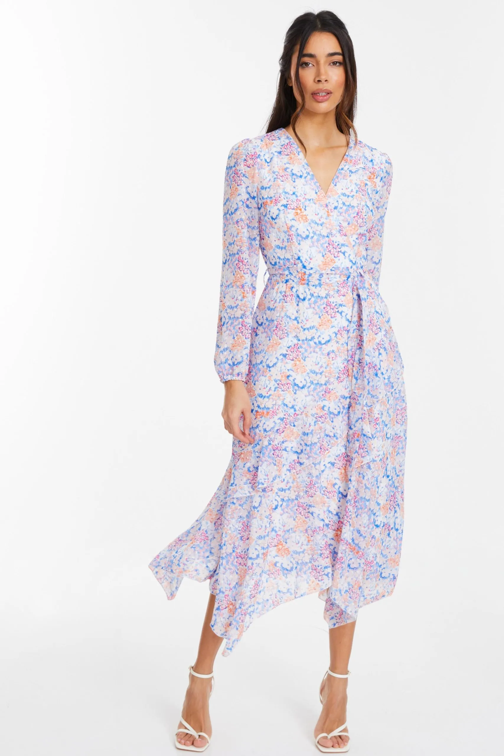 Multi Ditsy Print Chiffon Wrap Midi Dress