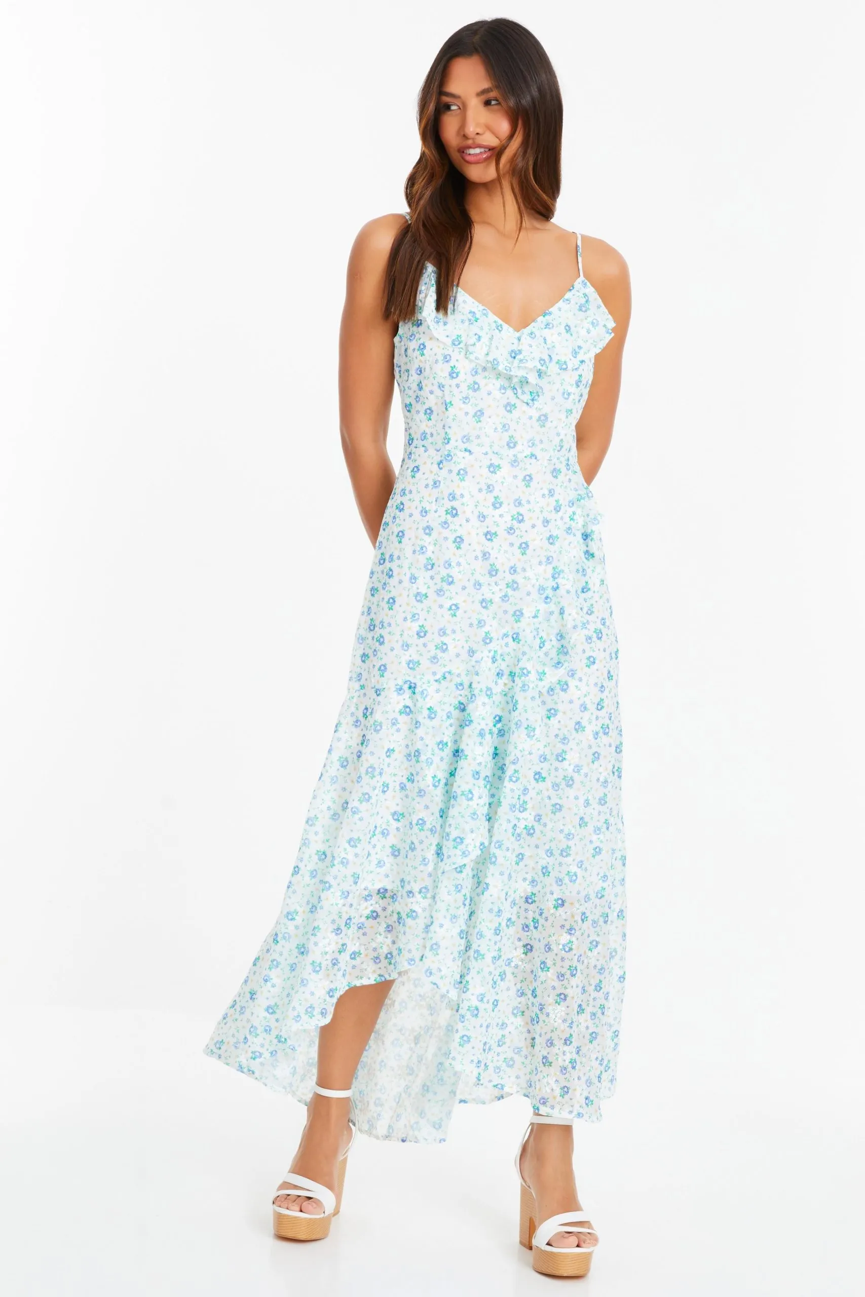 White Ditsy Print Chiffon Midaxi Dress