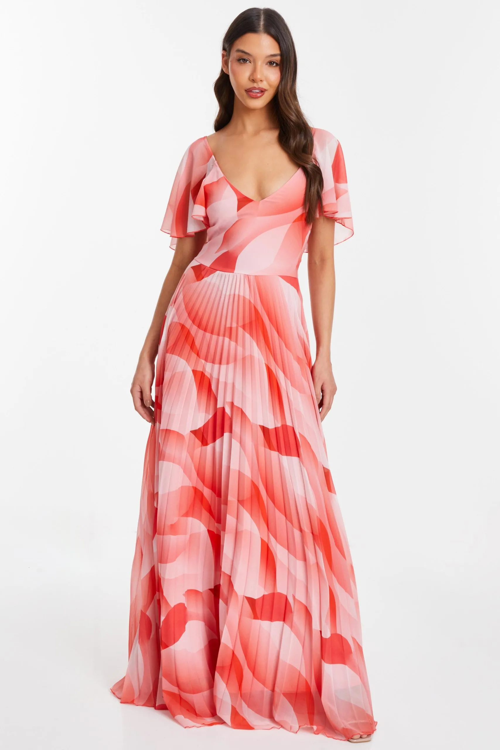Coral Chiffon Pleated Maxi Dress