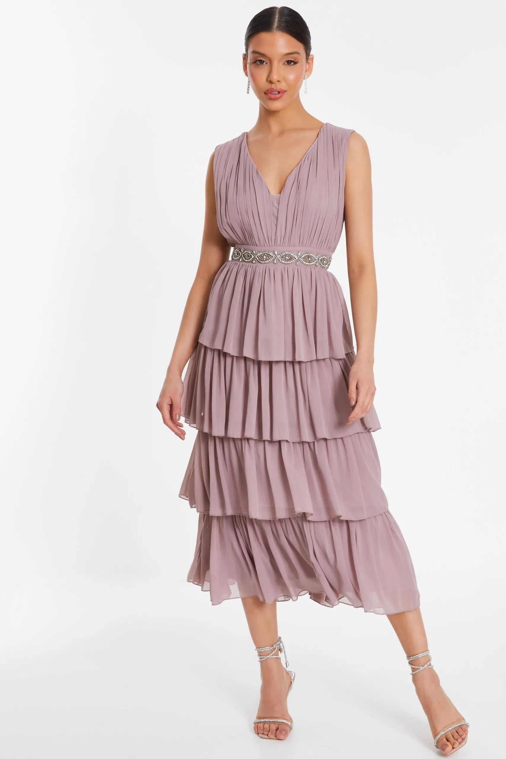 Pink Chiffon Tiered Midi Dress