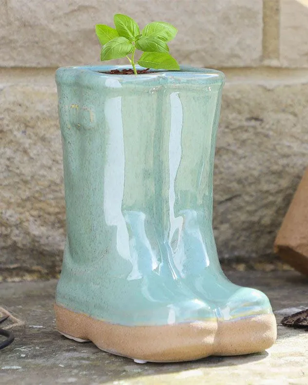 Small Sage Green Wellingtons Boots Ceramic Indoor Outdoor Flower Pot Garden Planter Pot (H) 17cm, (W)15cm