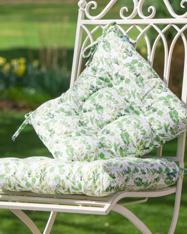 Set of 2 Green Leaf Print Cotton Outdoor Garden Chair Seat Pad Cushions (L)40cm x (W)40cm