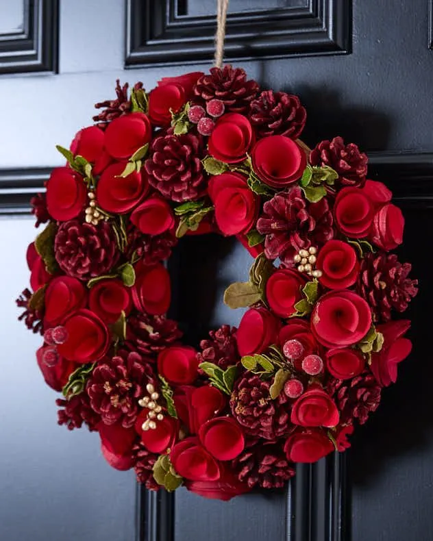 Red Crimson Rose Door Xmas Decoration Door Wreath Christmas Wreath 35cm