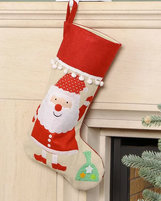 Set of 4 Natural Santa Claus Pom Pom Tree Decoration Christmas Gift Bag Christmas Stocking