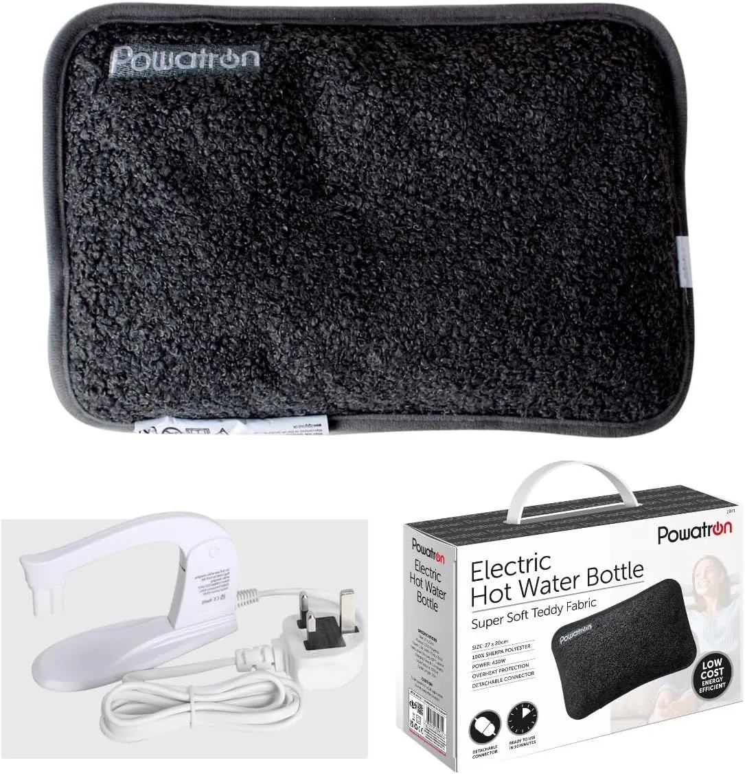 Black Rechargeable Electric Hot Water Bottle Bed Hand Warmer Massaging Heat Pad Soft Teddy Fabric