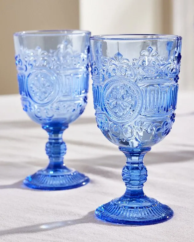 Set of 2 Luxury Blue Embossed Drinking Wine Glass Wine Goblets Gift Idea 300ml