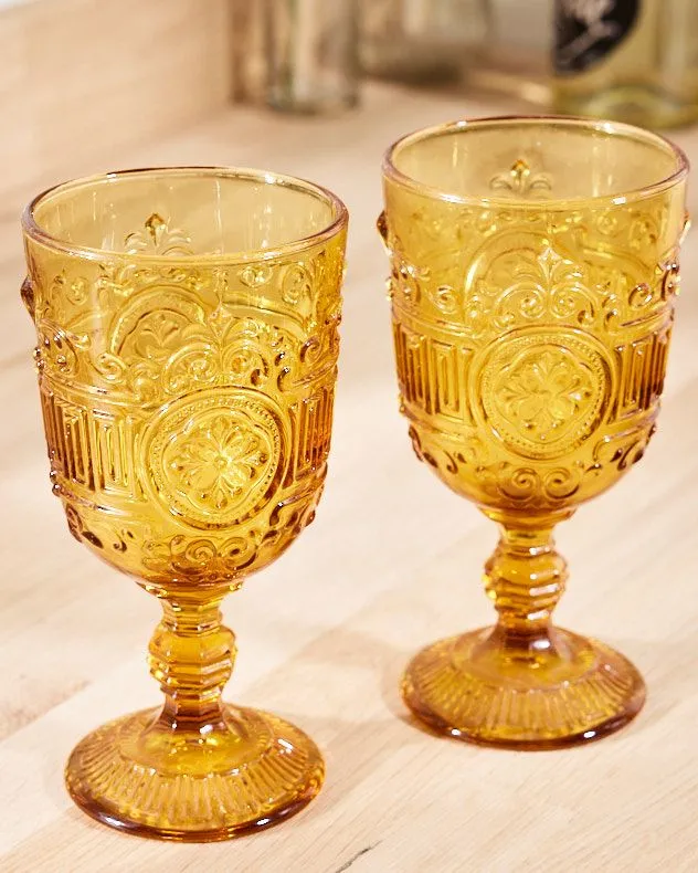 Set of 2 Vintage Luxury Amber Embossed Drinking Wine Glass Goblets Gift Idea Gifts Ideas 300ml