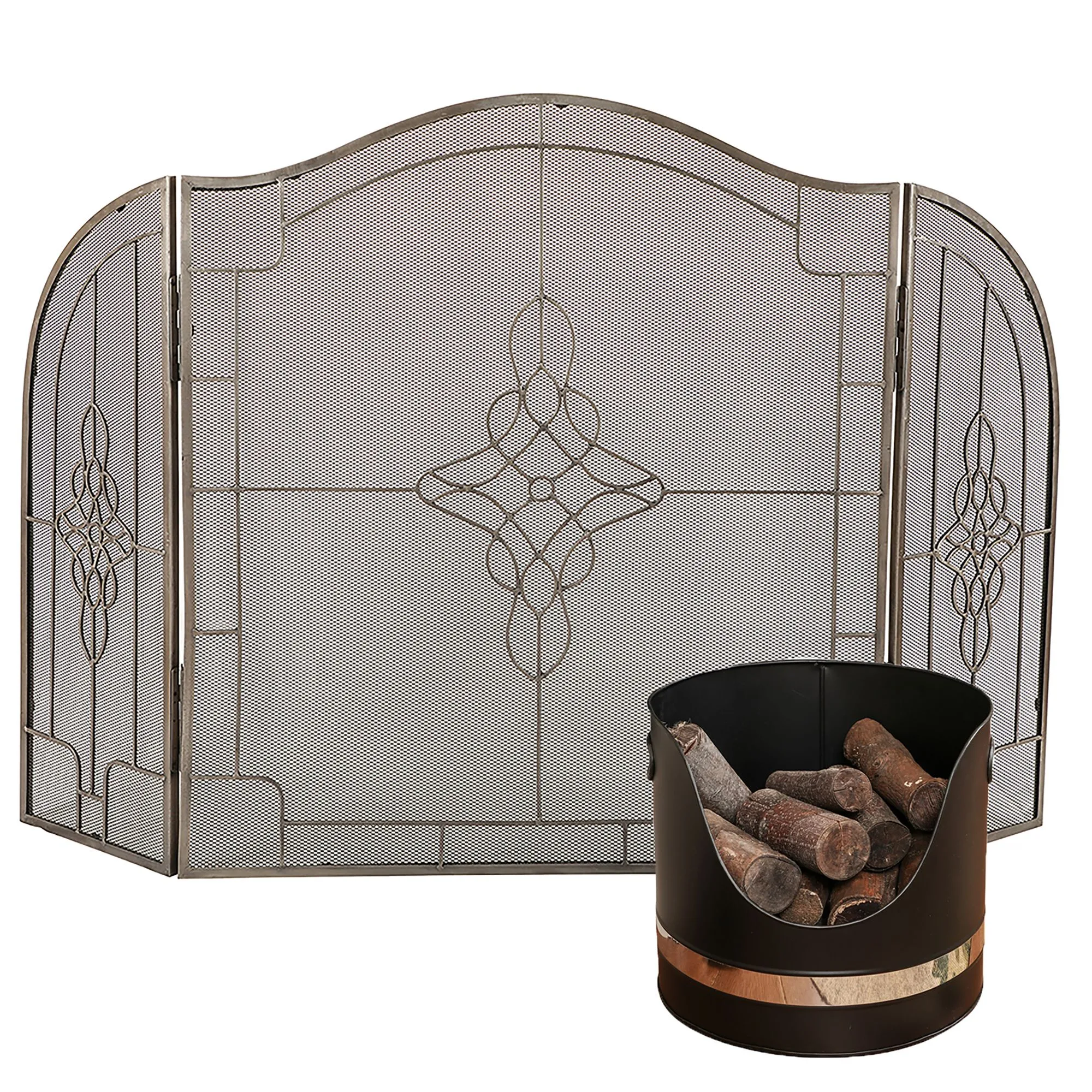 Black and Nickel Coal, Log, Kindling Bucket with Silver Three-Fold Firescreen