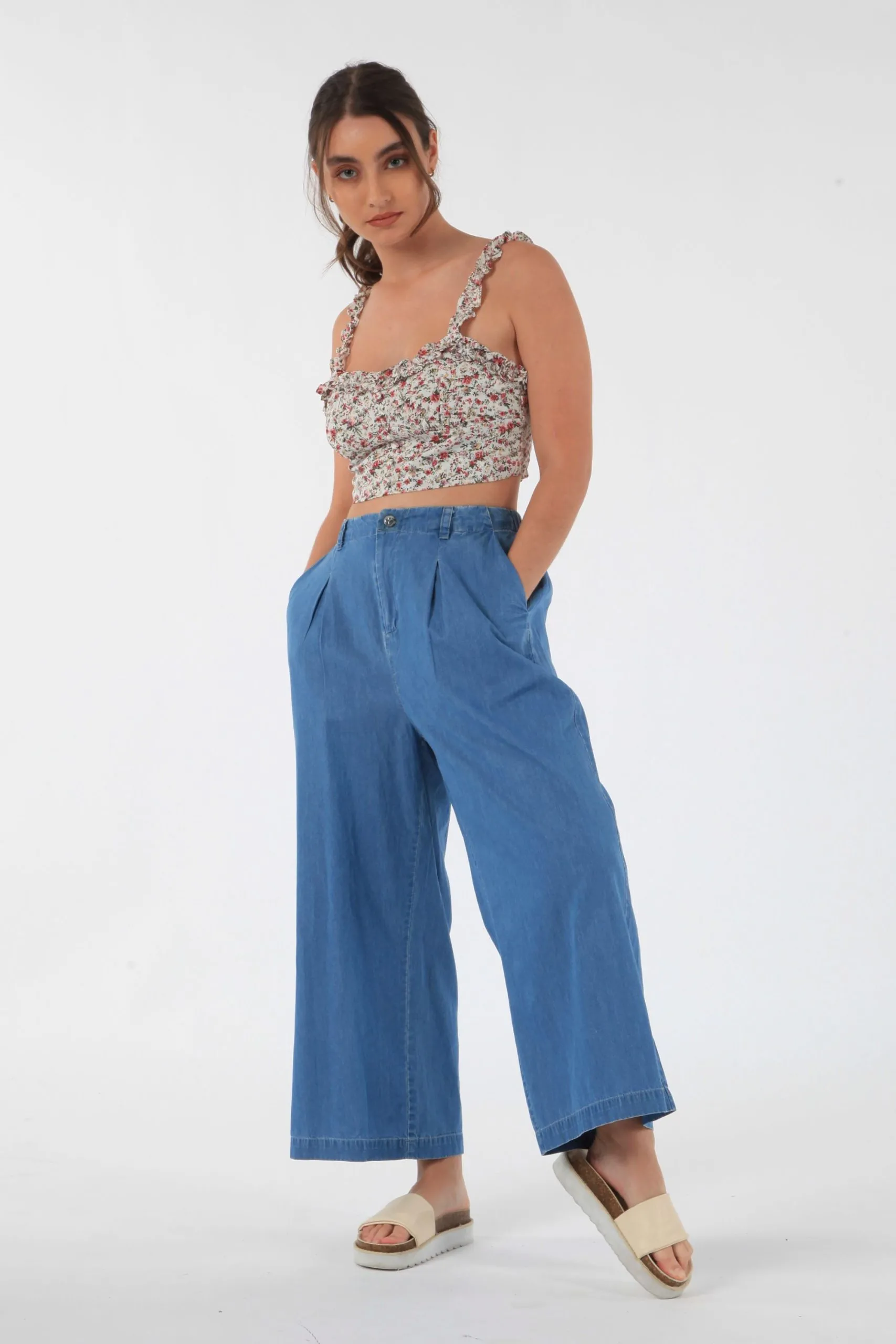 Chambray Denim Wide Leg Culotte Trousers