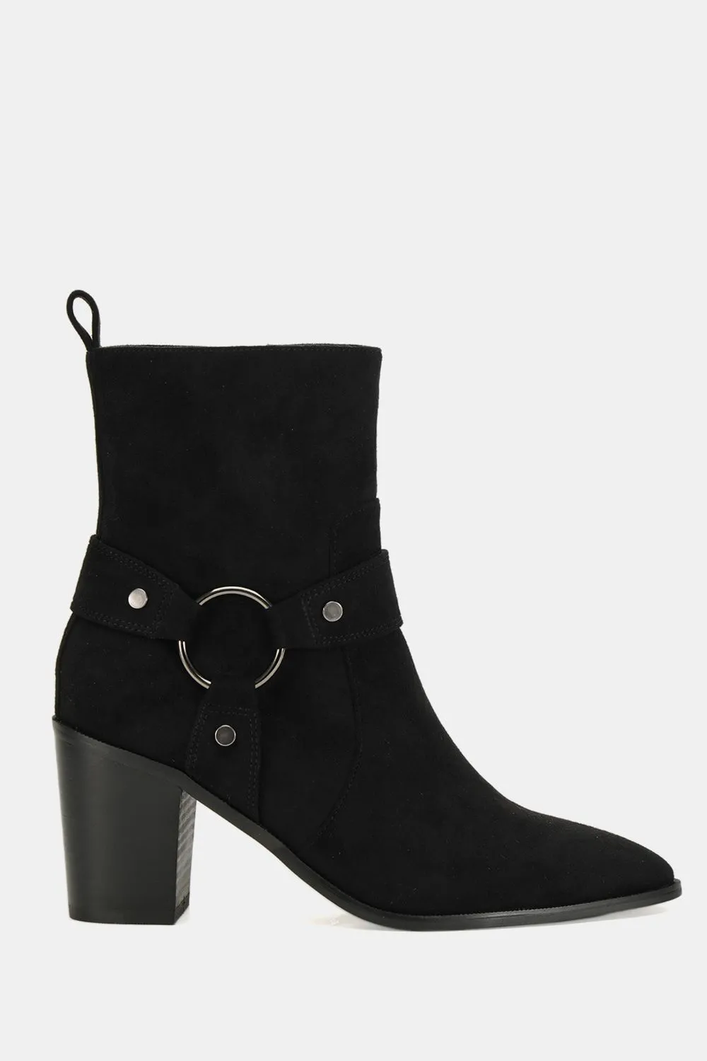 Giselle Black Block Heel Harness Ankle Boot