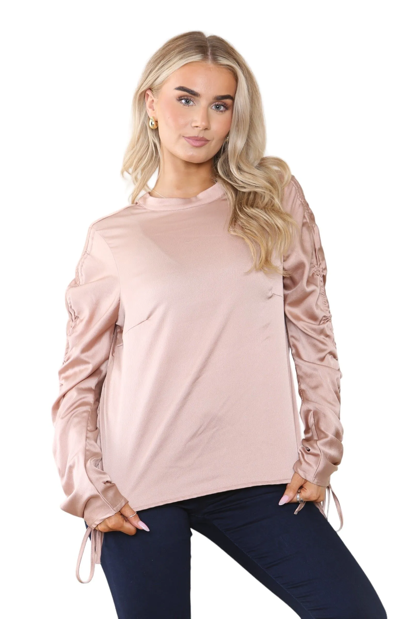 Rose Gold Long Ruched Drawstring Sleeve Crew Round Neck Top