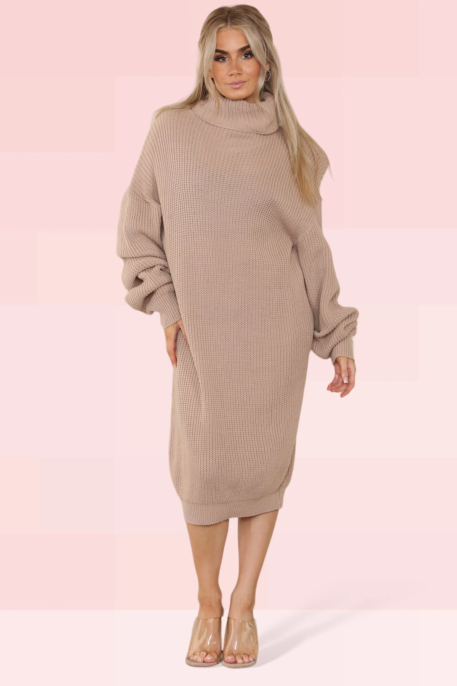 Brown Knitted roll neck jumper Dress