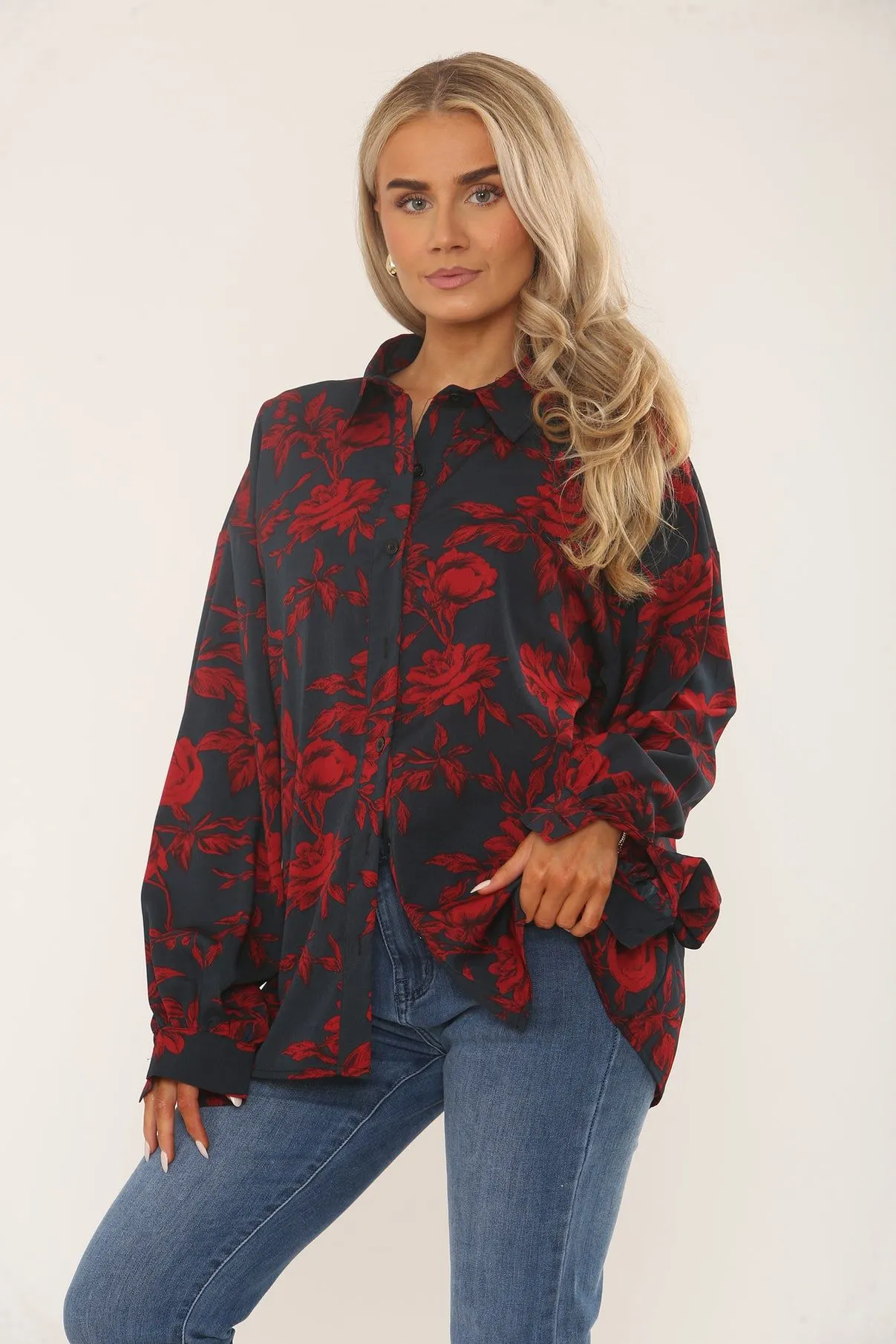 Black & Red Floral Print Oversized Blouse