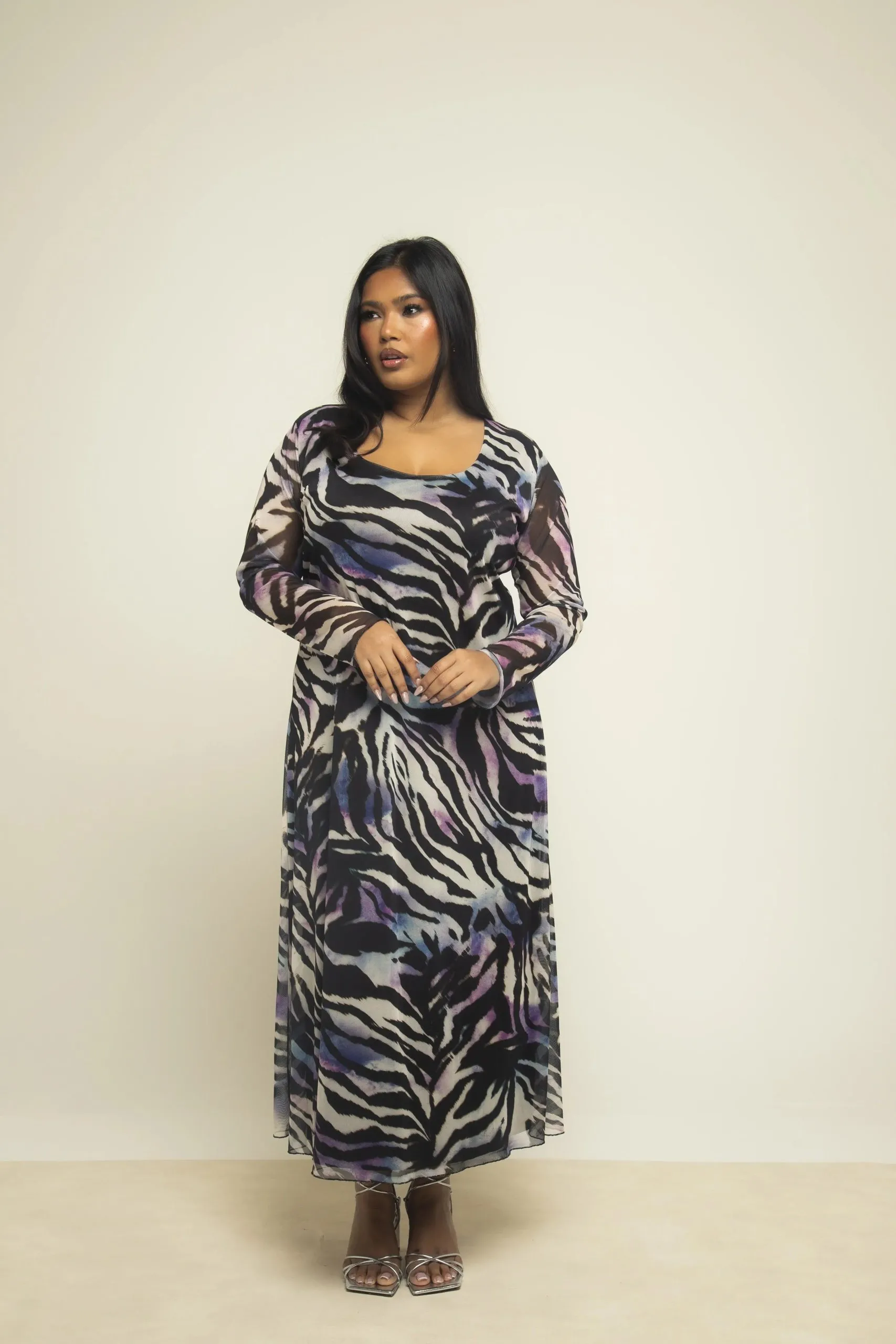 Curve Zebra Print Scoop Neck Flared Skirt Mesh Midaxi Dress