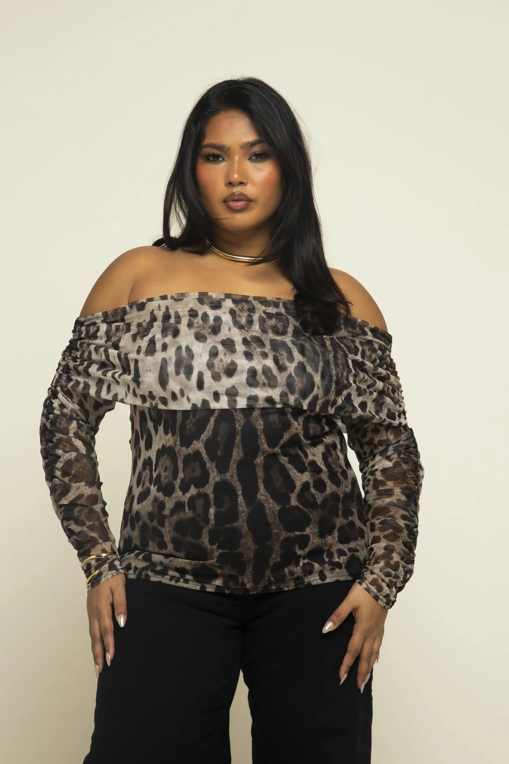Curve Mesh Bardot Long Sleeve Top In Leopard Print