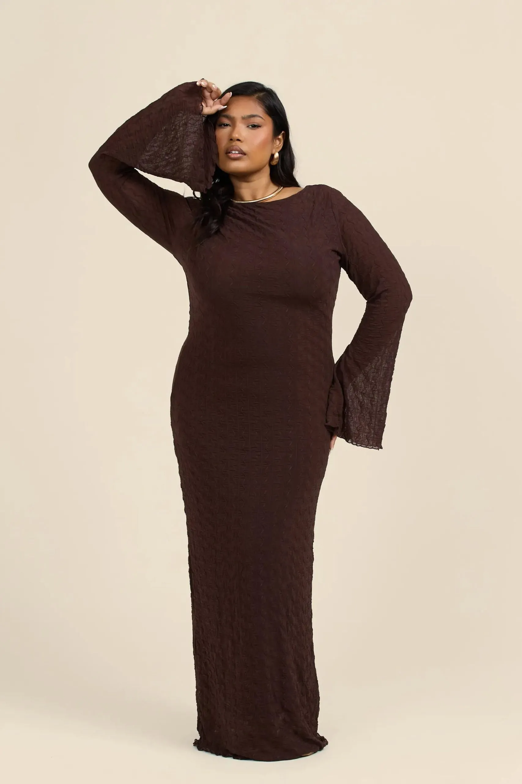 Curve Textured Flare Sleeve Maxi Dress