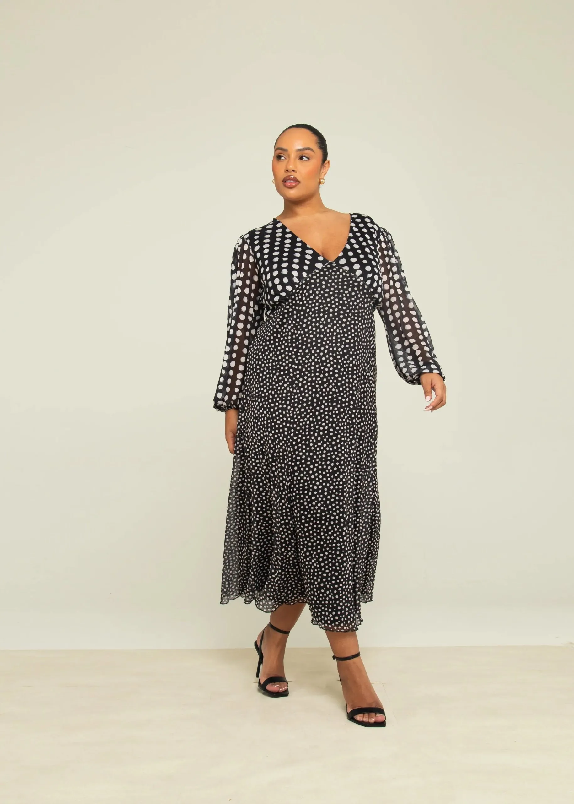 Curve Mixed Polka Dot Balloon Sleeve Midi Dress