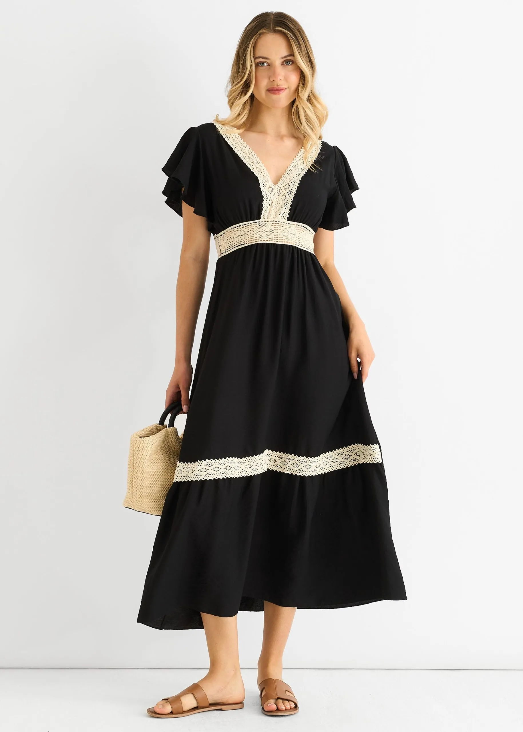 Black Crochet Lace Panel Elasticated Waist Midi Dress
