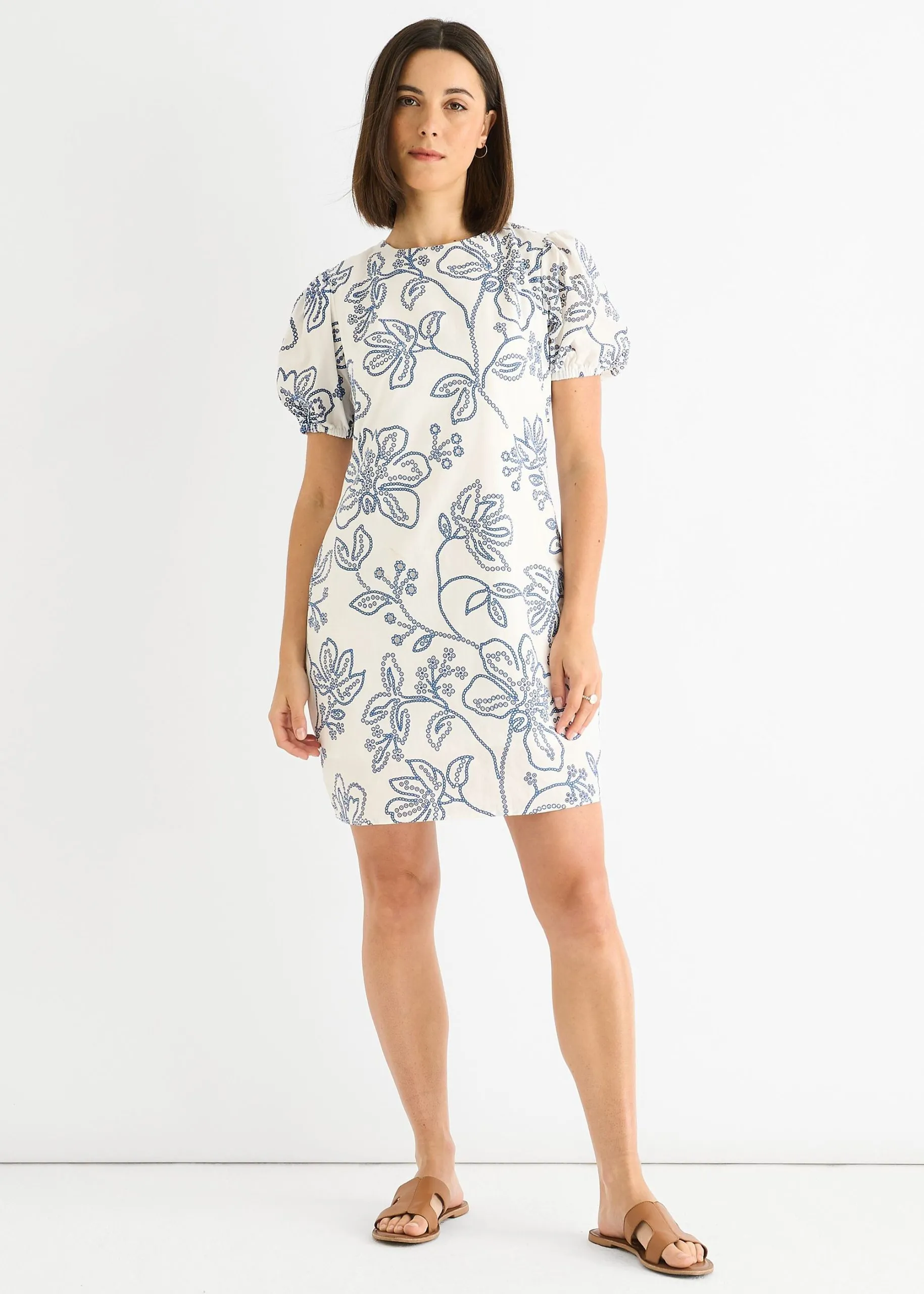 White Blue Floral Embroidered Mini Dress