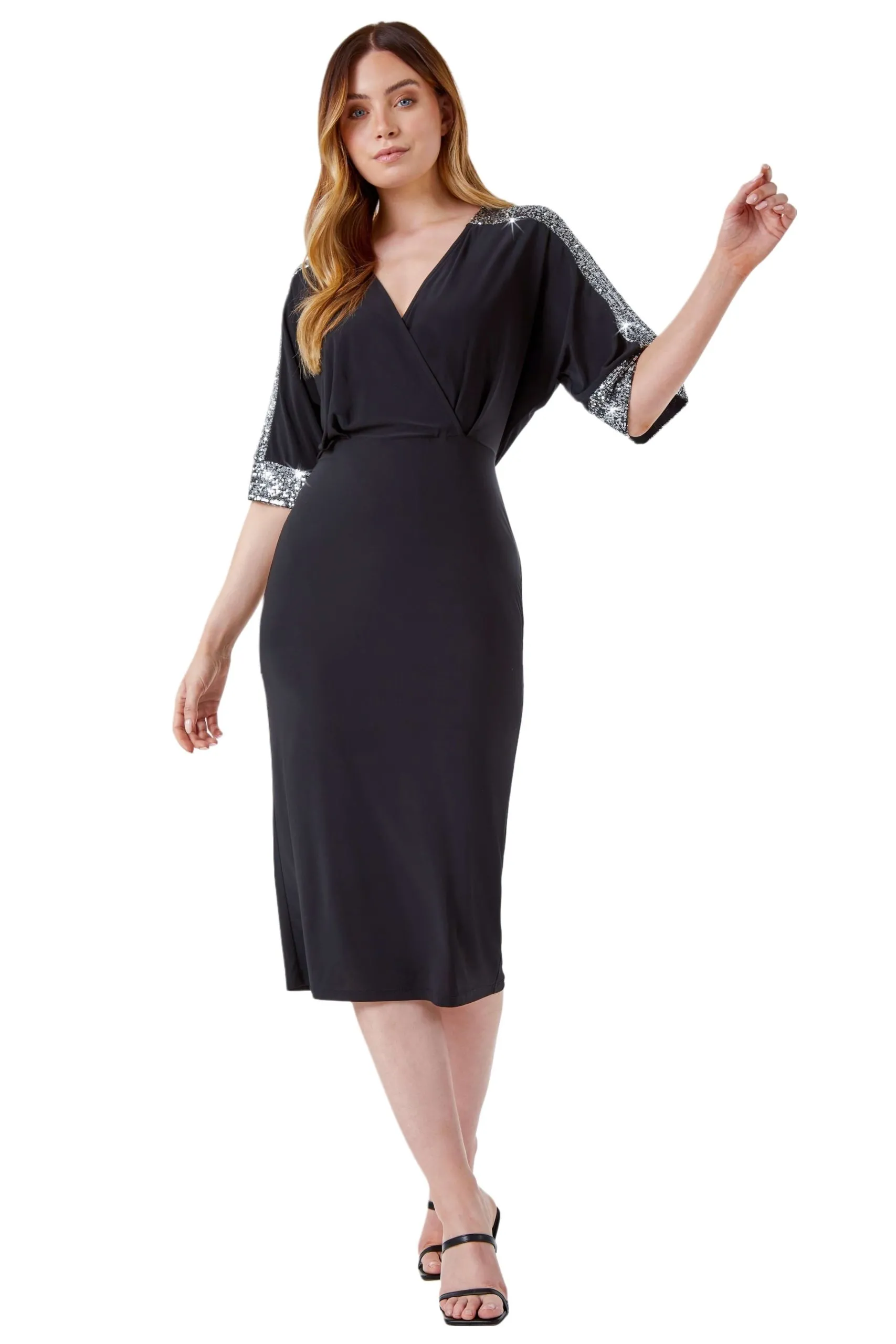Sequin Sleeve Wrap Midi Dress