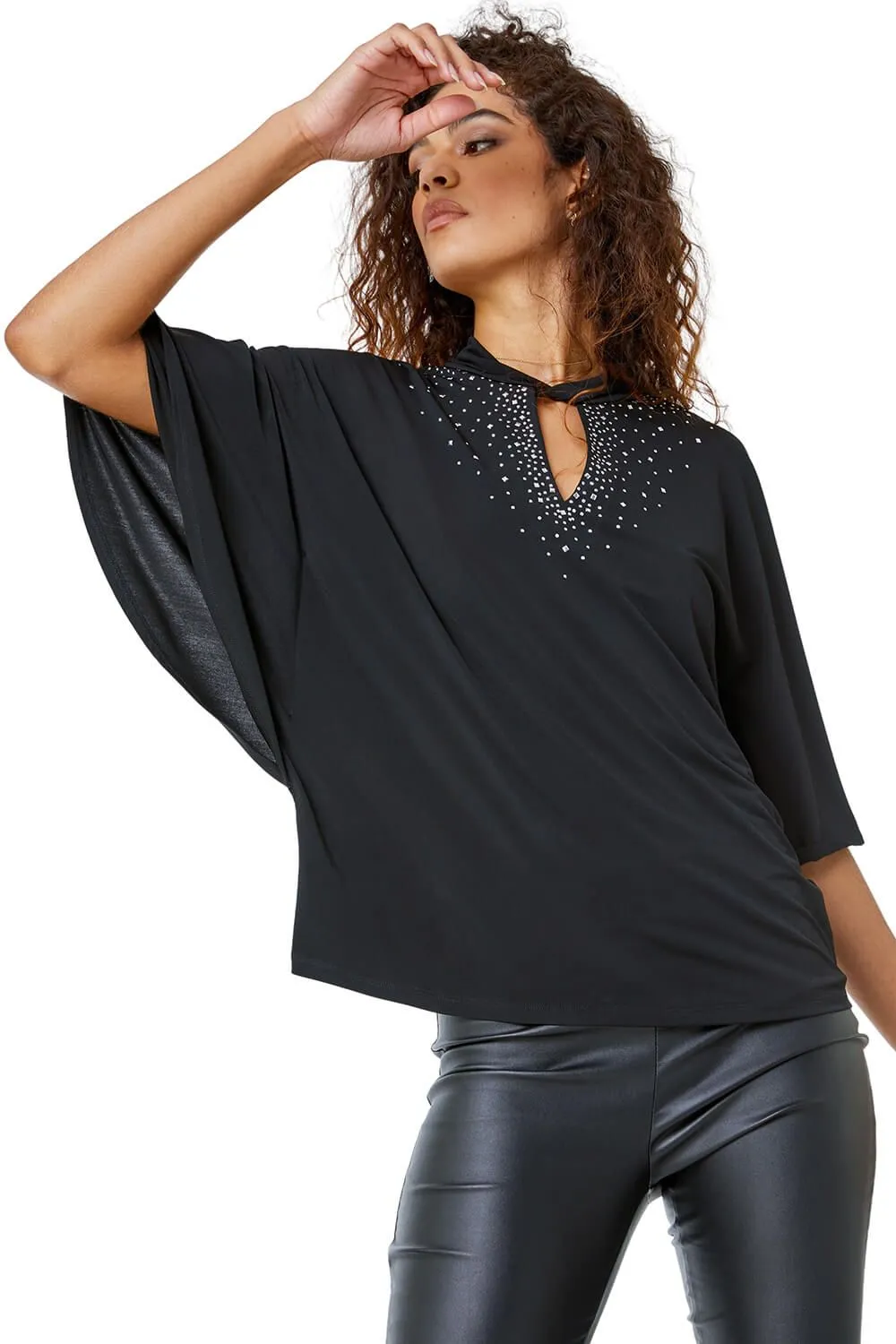Twist Neck Embellished Keyhole Top