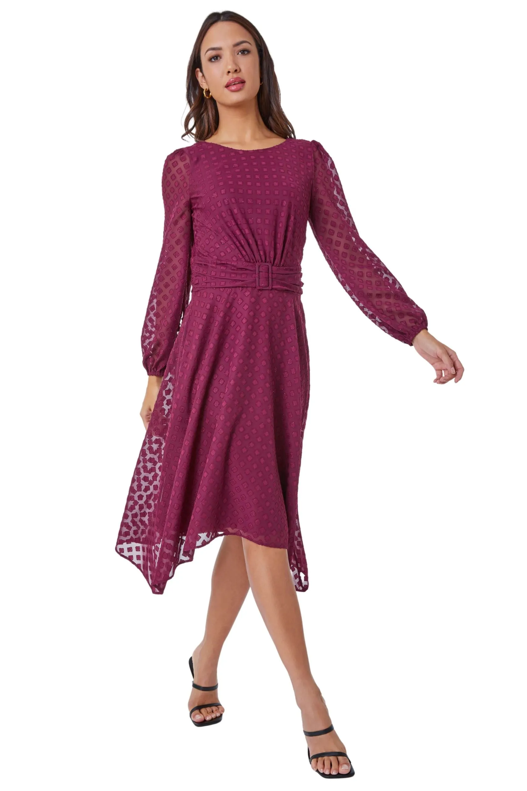 Textured Diamond Belted Chiffon Midi Dress