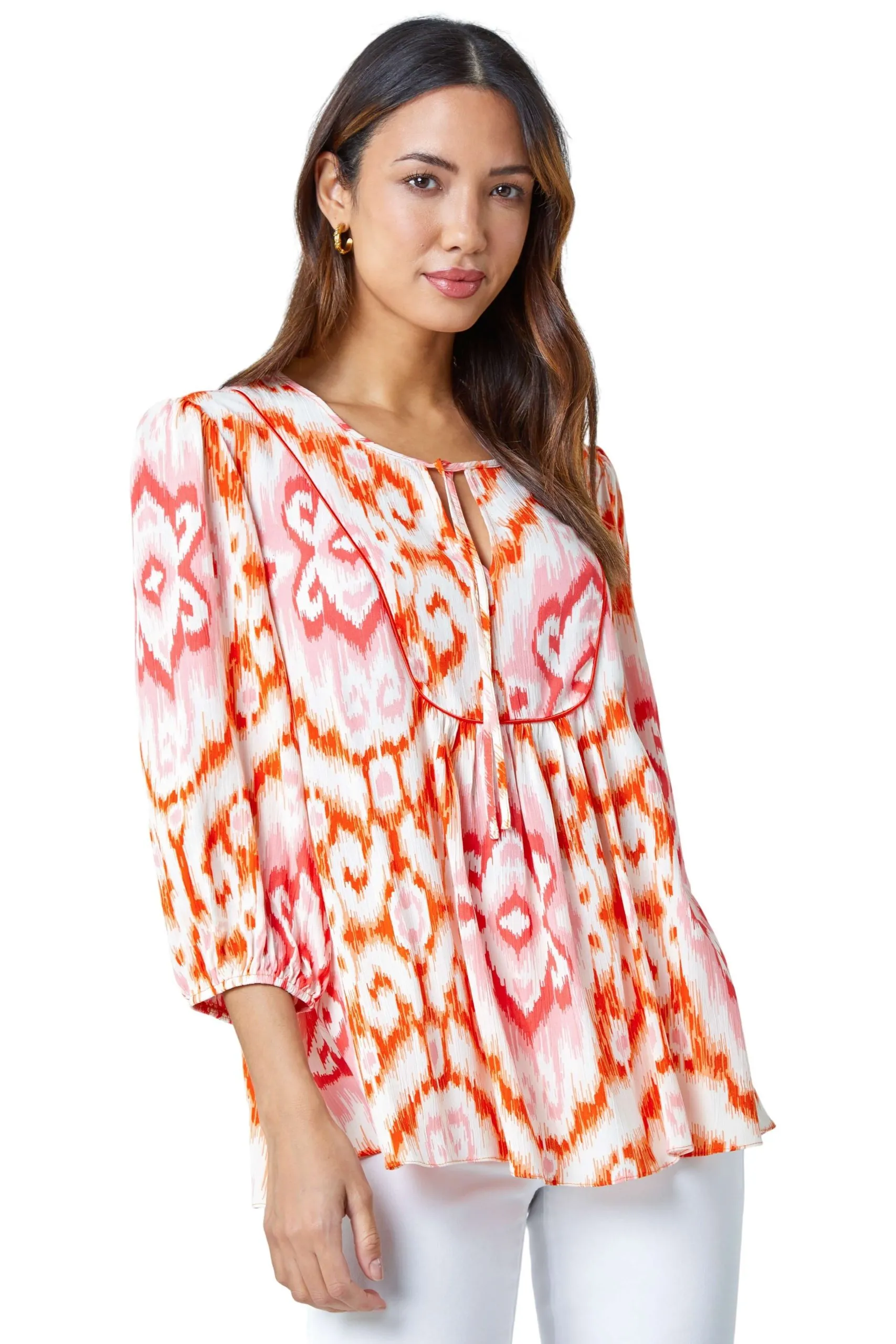 Abstract Print Tie Detail Tunic Smock Top