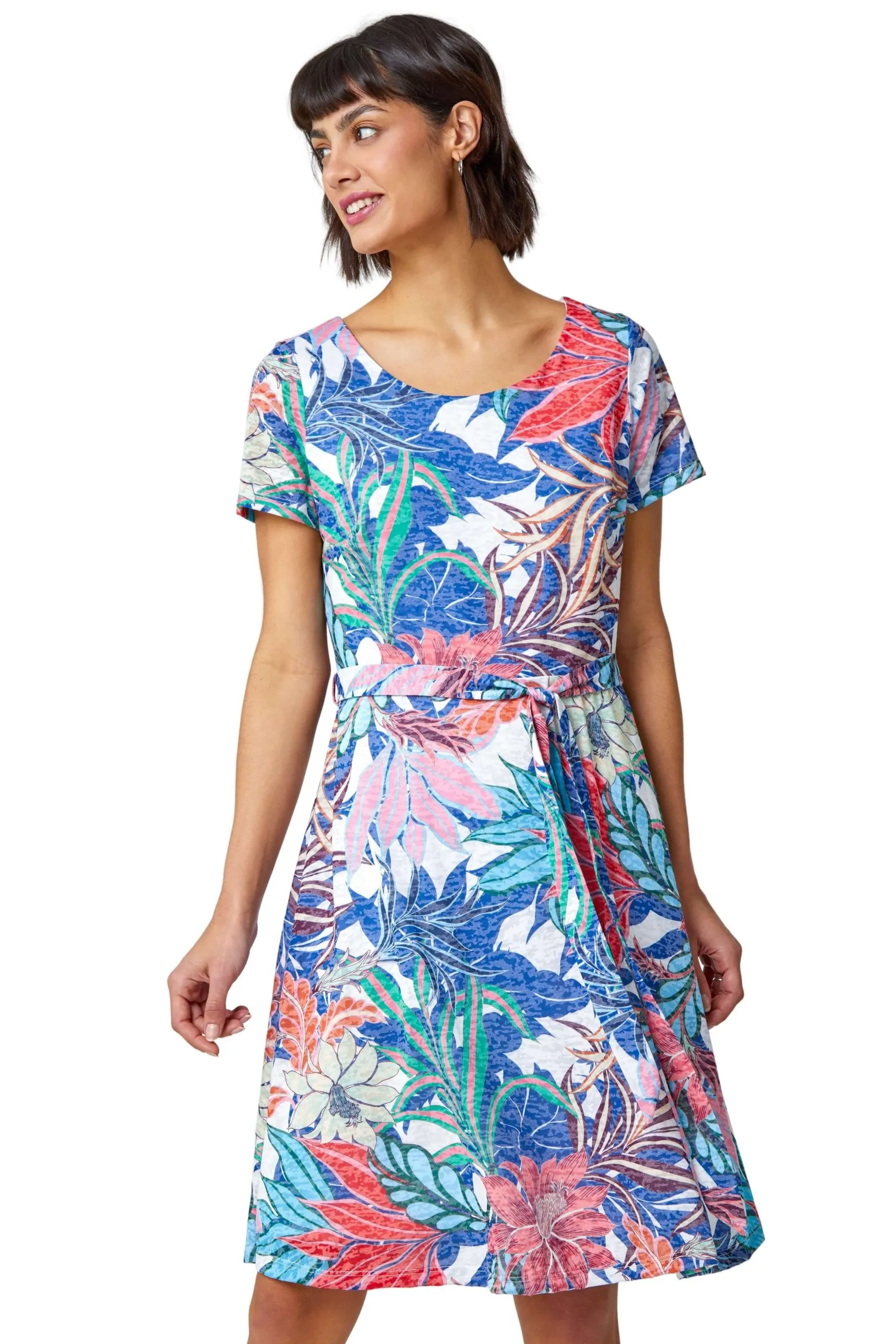 Tropical Burnout Print Belted Skater Dress