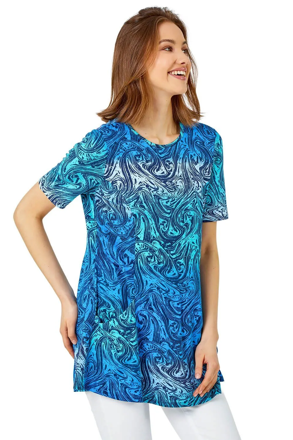 Swirl Print Stretch Pocket Tunic Top