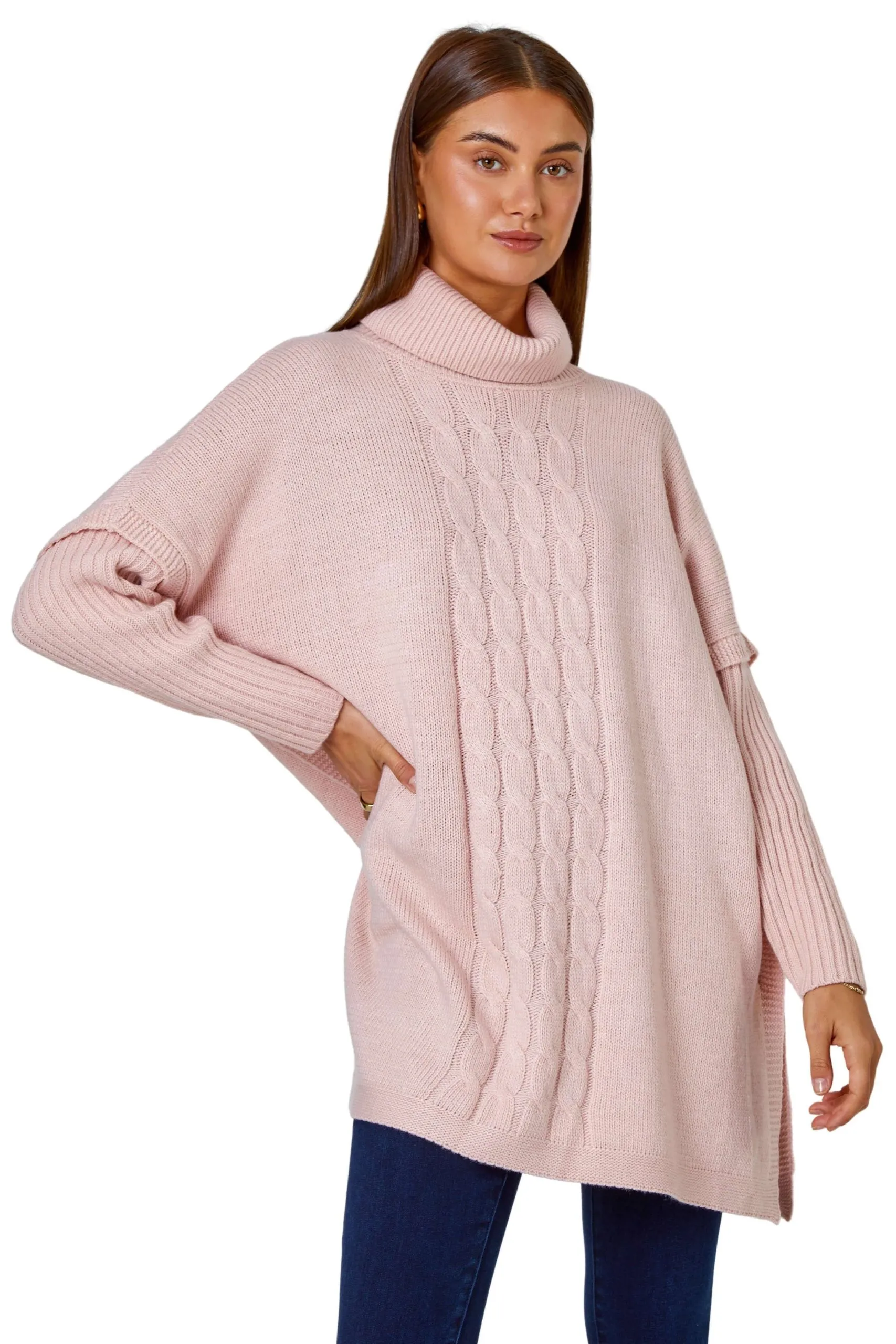Cable Knit Roll Neck Poncho Jumper
