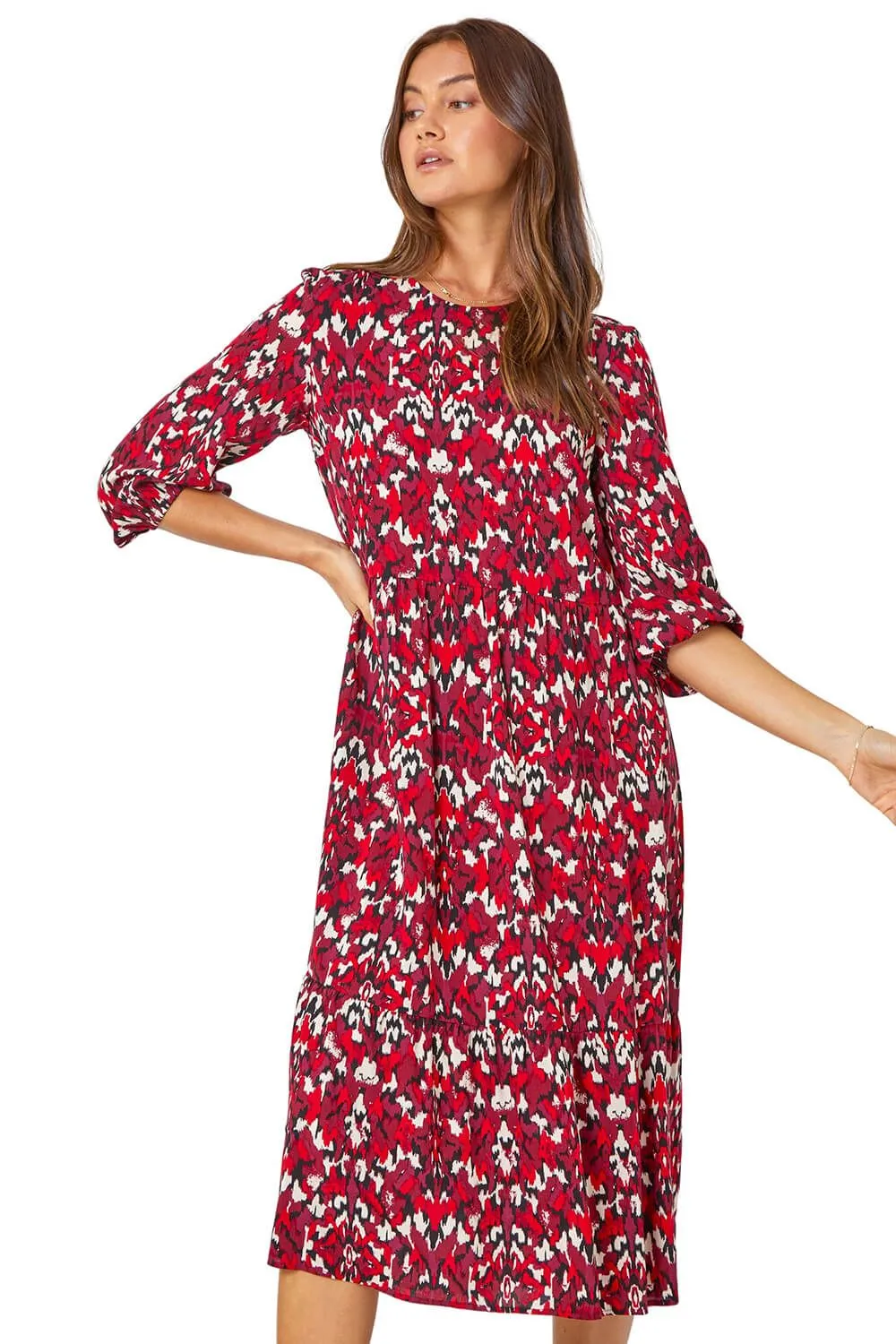 Abstract Print Tiered Smock Midi Dress