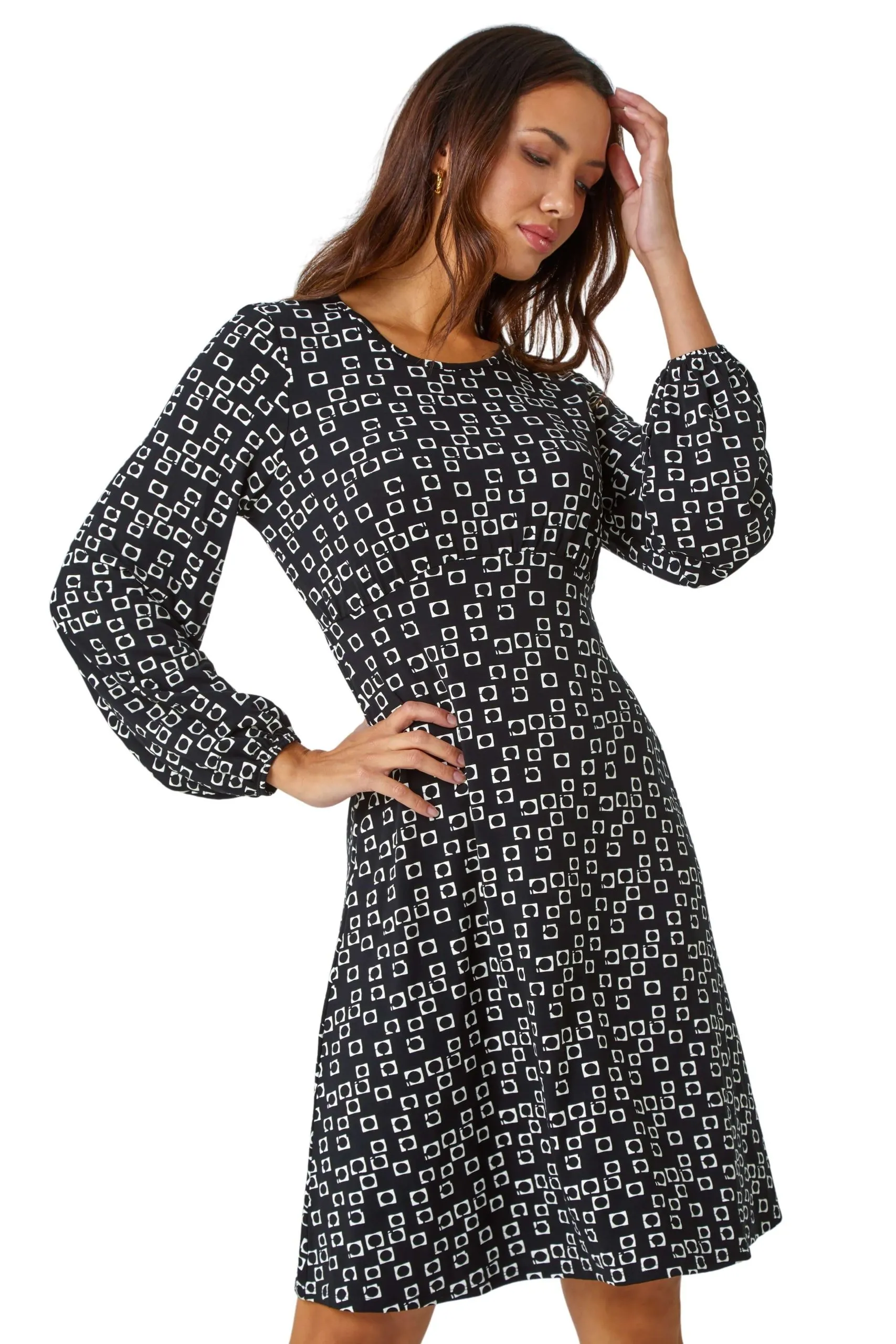 Square Print Gathered Stretch Dress