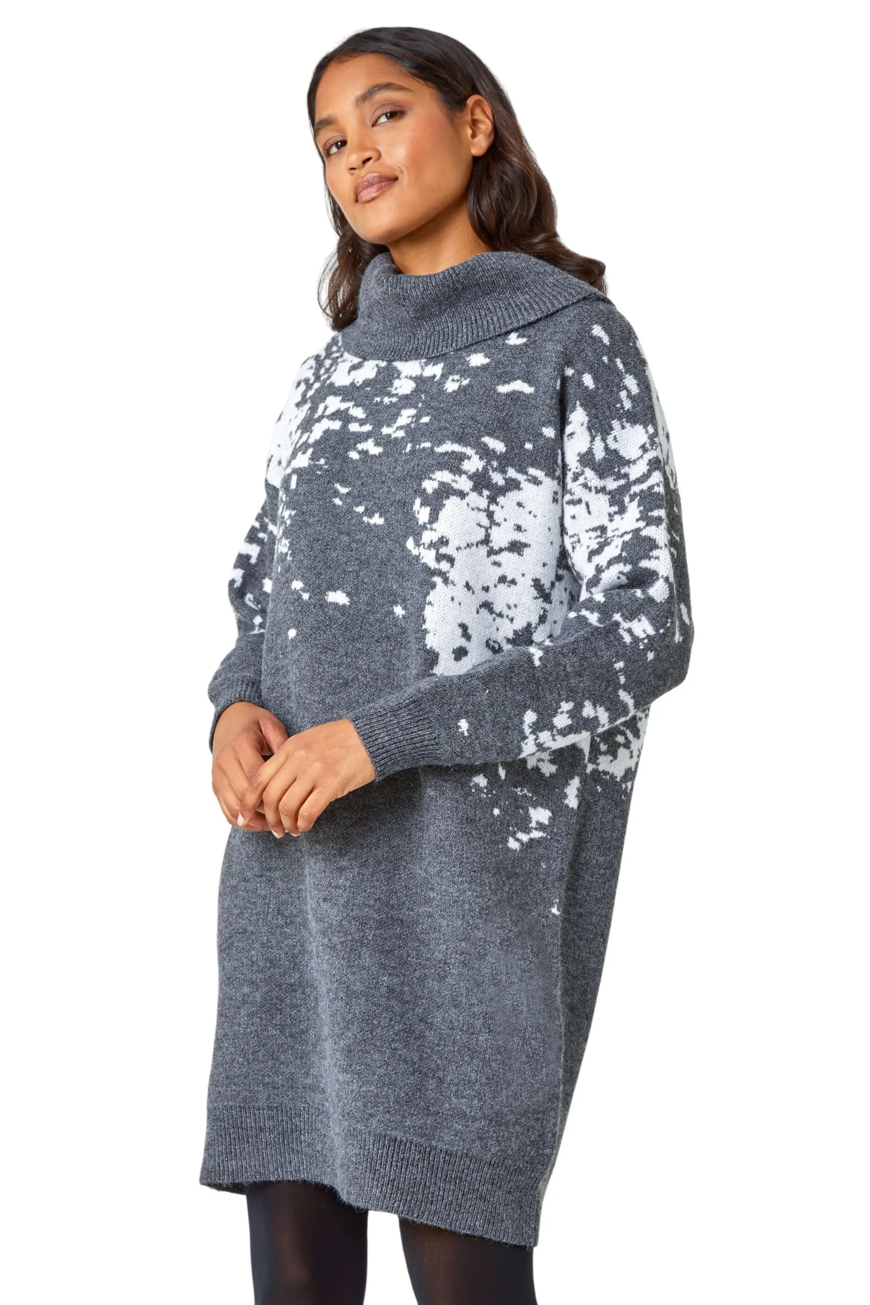 Abstract Print Cowl Neck Jumper Dress