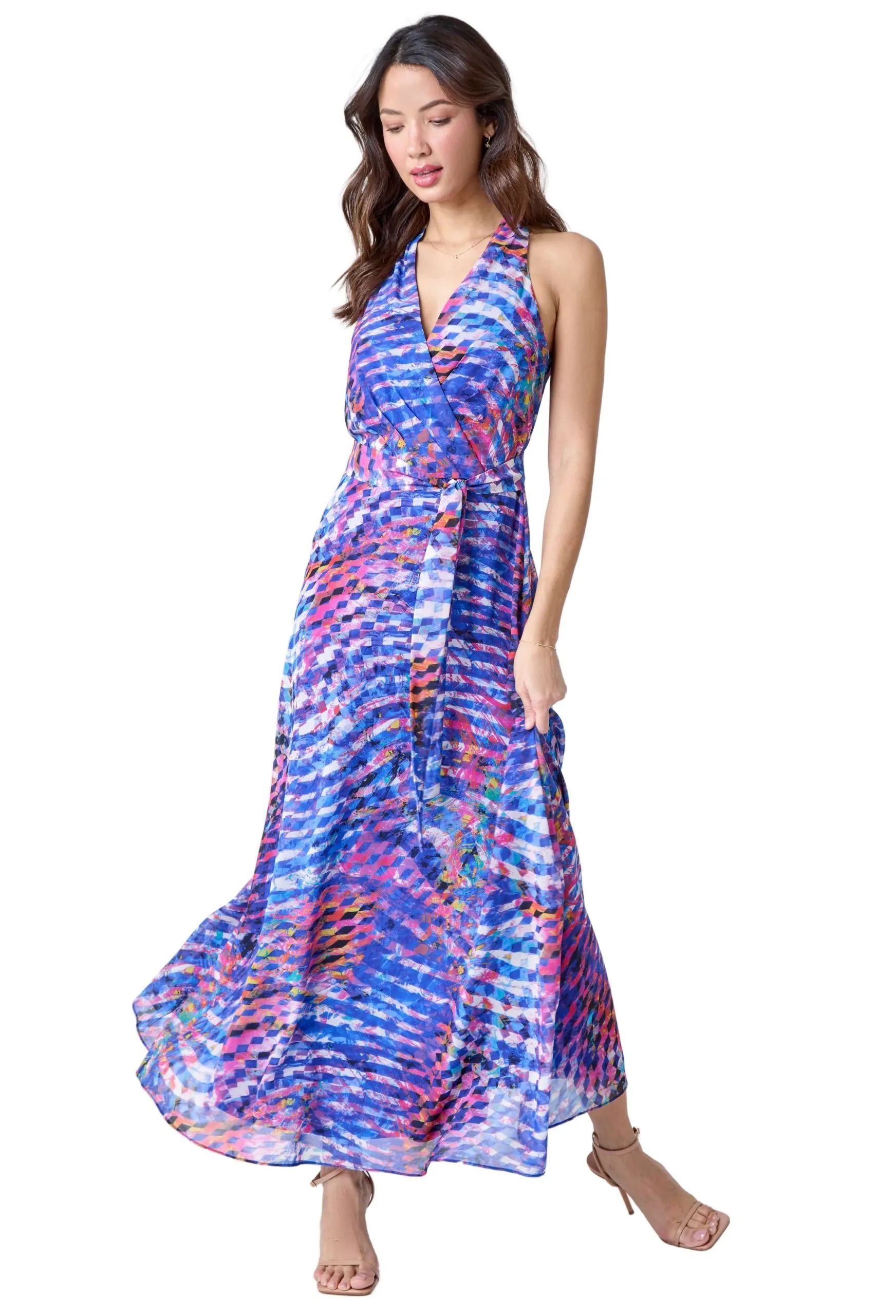 Abstract Print Halterneck Maxi Dress