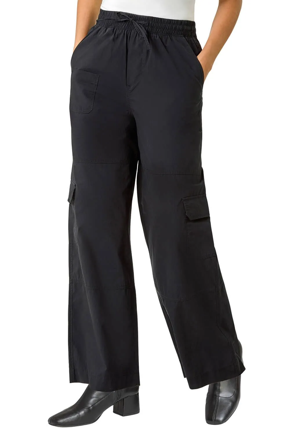Elastic Waist Cotton Wide Leg Cargo Trousers