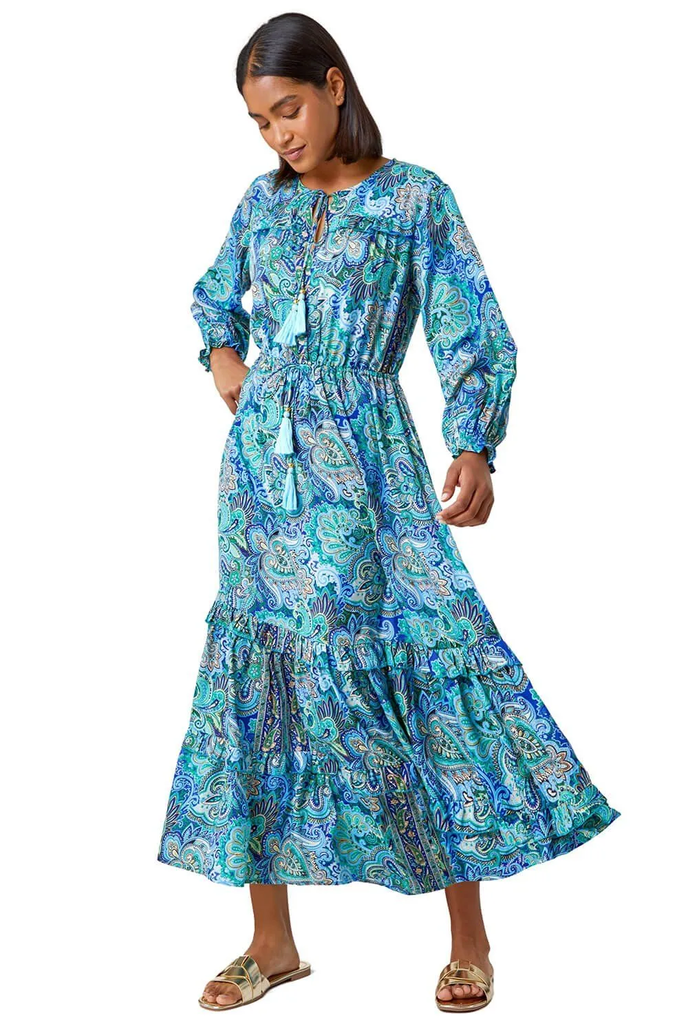 Paisley Print Tassel Frill Hem Maxi Dress
