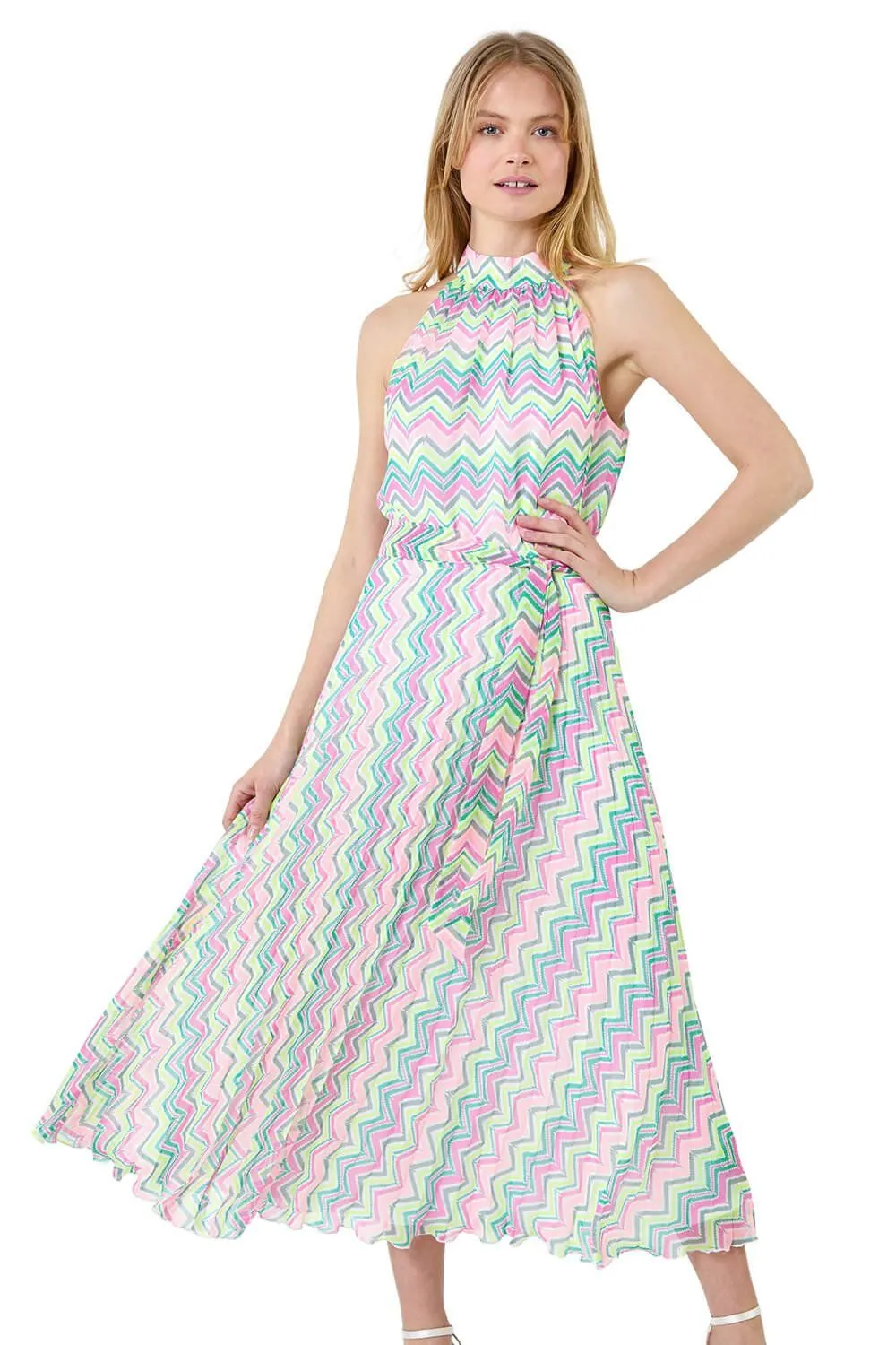 Zig Zag Halter Neck Pleated Dress